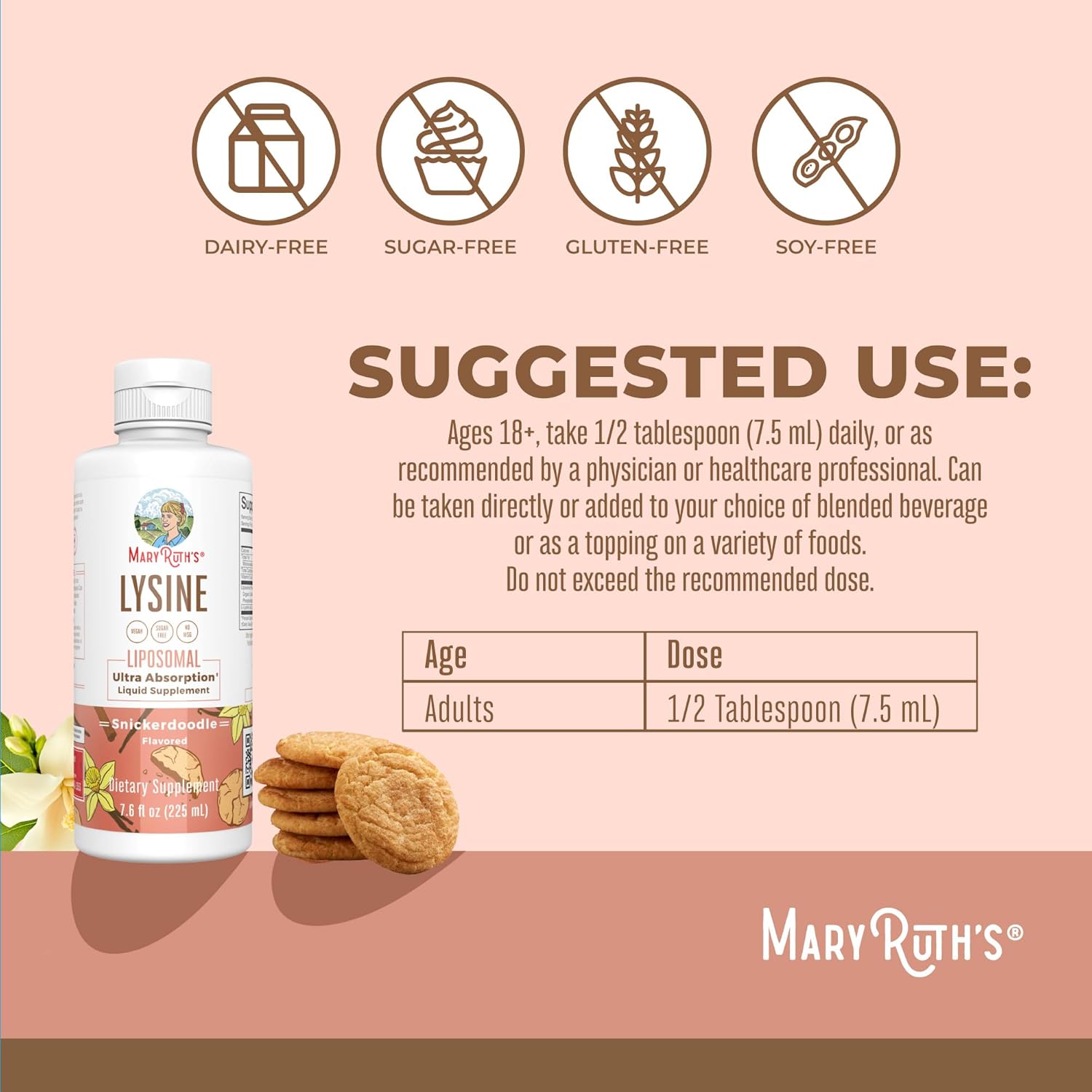 MaryRuth Organics Lysine Liposomal & Multivitamin Liquid (Snickerdoodle) for Immune Support, Hair Growth, and Overall Health - Vegan, Non-GMO, Gluten Free - Clean Label Project Verified