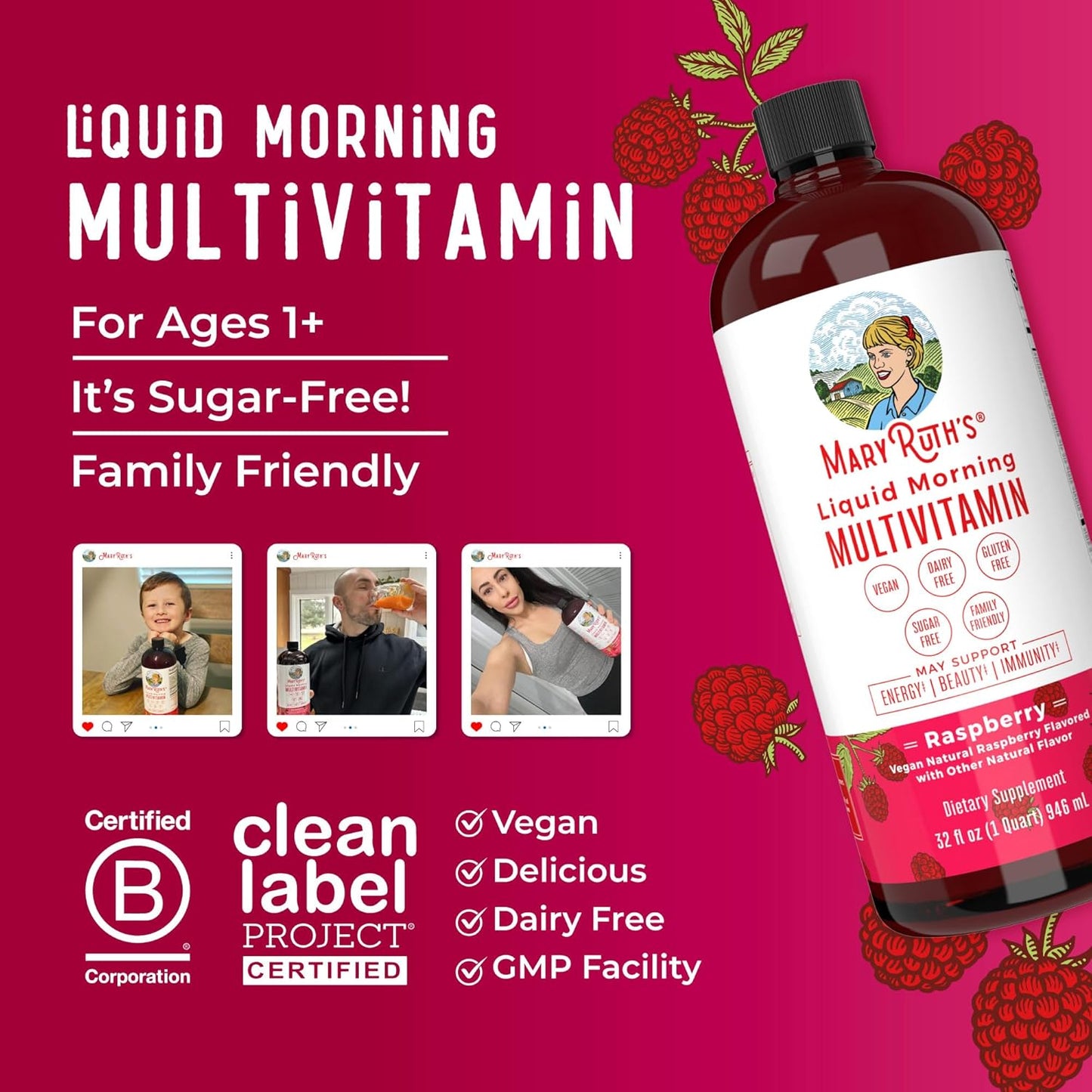 MaryRuth Organics Multivitamin for Women, Men, and Kids - Vegan, Sugar-Free, Non-GMO Liquid Multivitamin and Multimineral Supplement - Beauty and Energy Boost - 32 Fl Oz