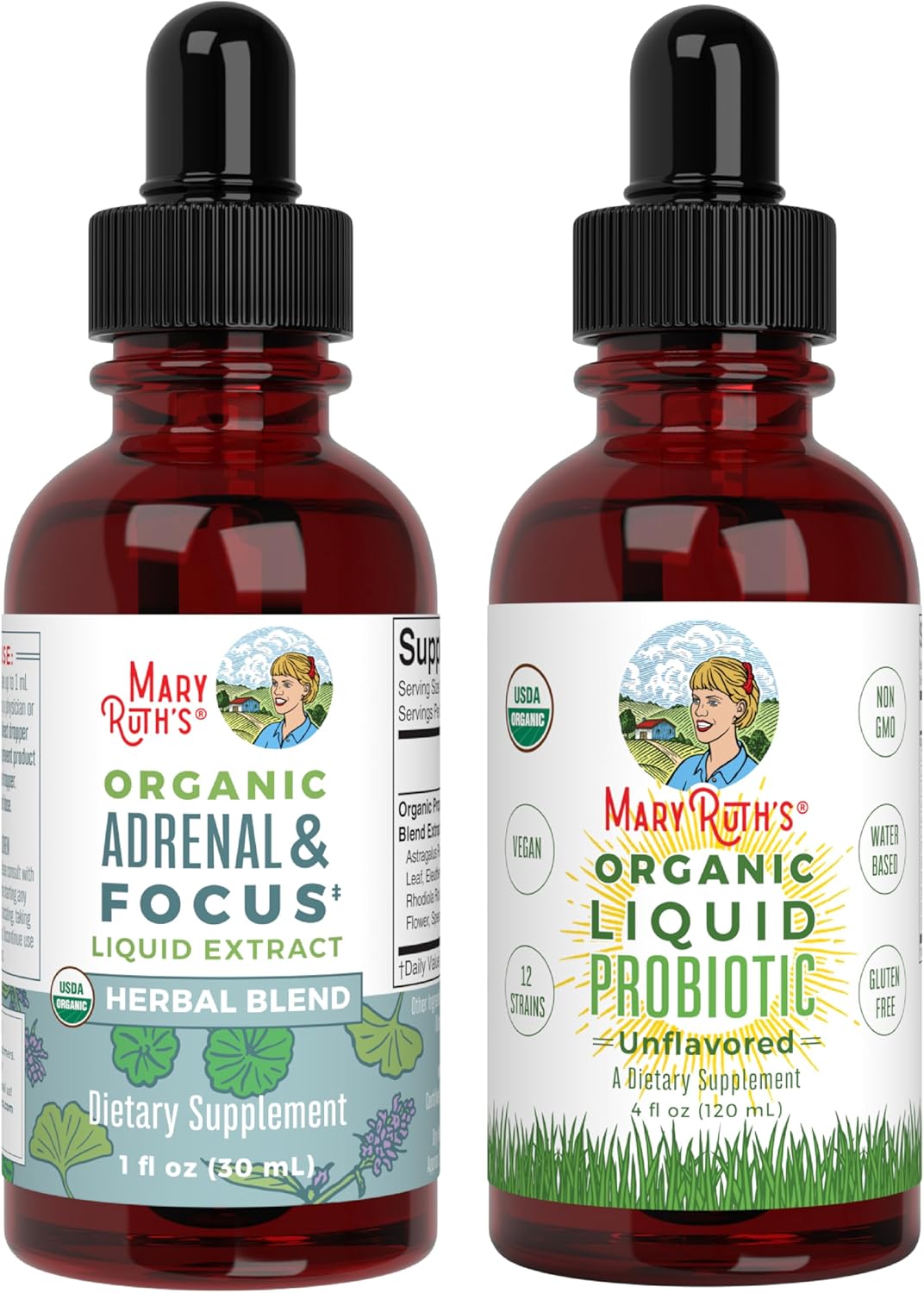 MaryRuth Organics Probiotic & Adrenal Health Bundle for Women, Men, and Kids - Digestive & Gut Health, Cortisol Balance, Stress Relief, Focus Nootropic Support - 2-Pack Supplement