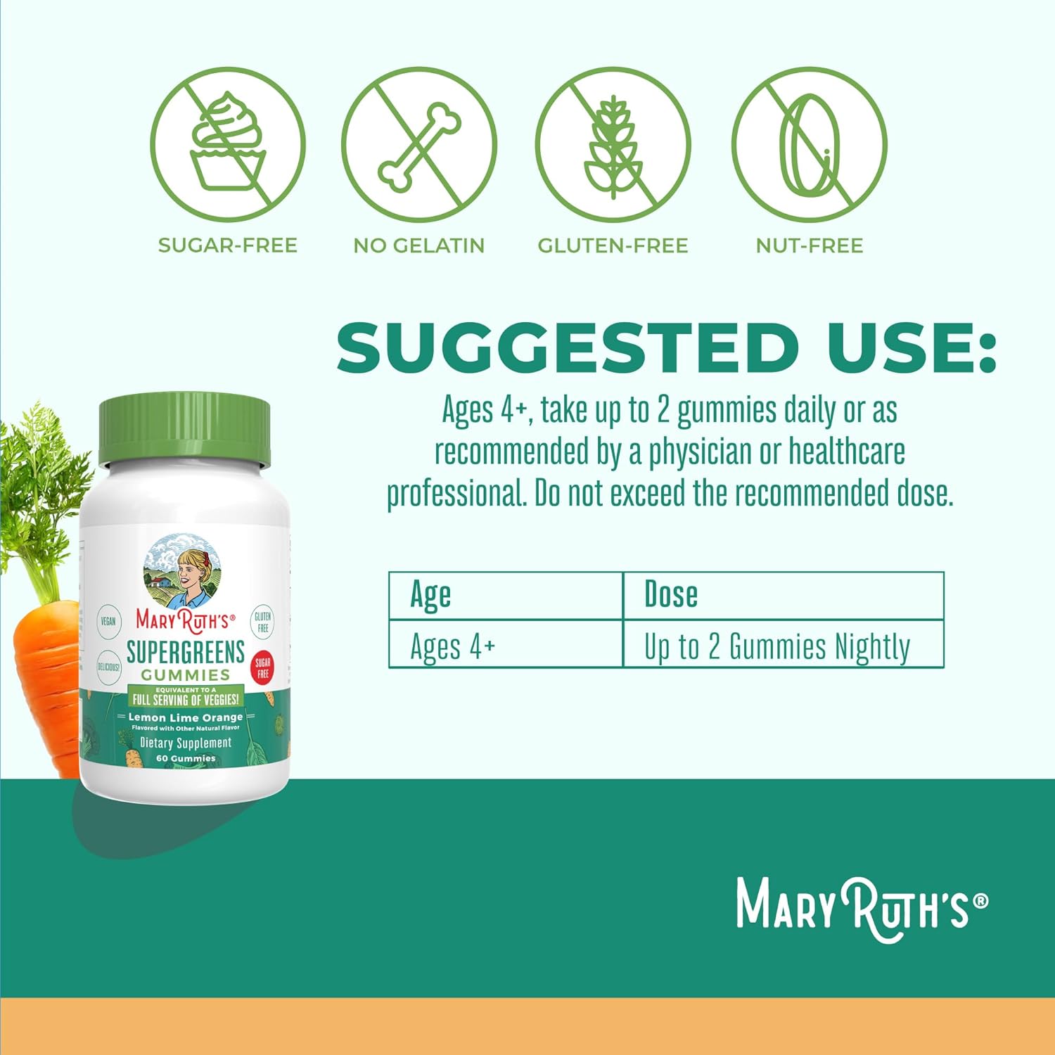 MaryRuth Organics Super Greens Gummies with Quercetin for Adults and Kids 4+ | Vegan, Sugar-Free, High Fiber | 60 Count