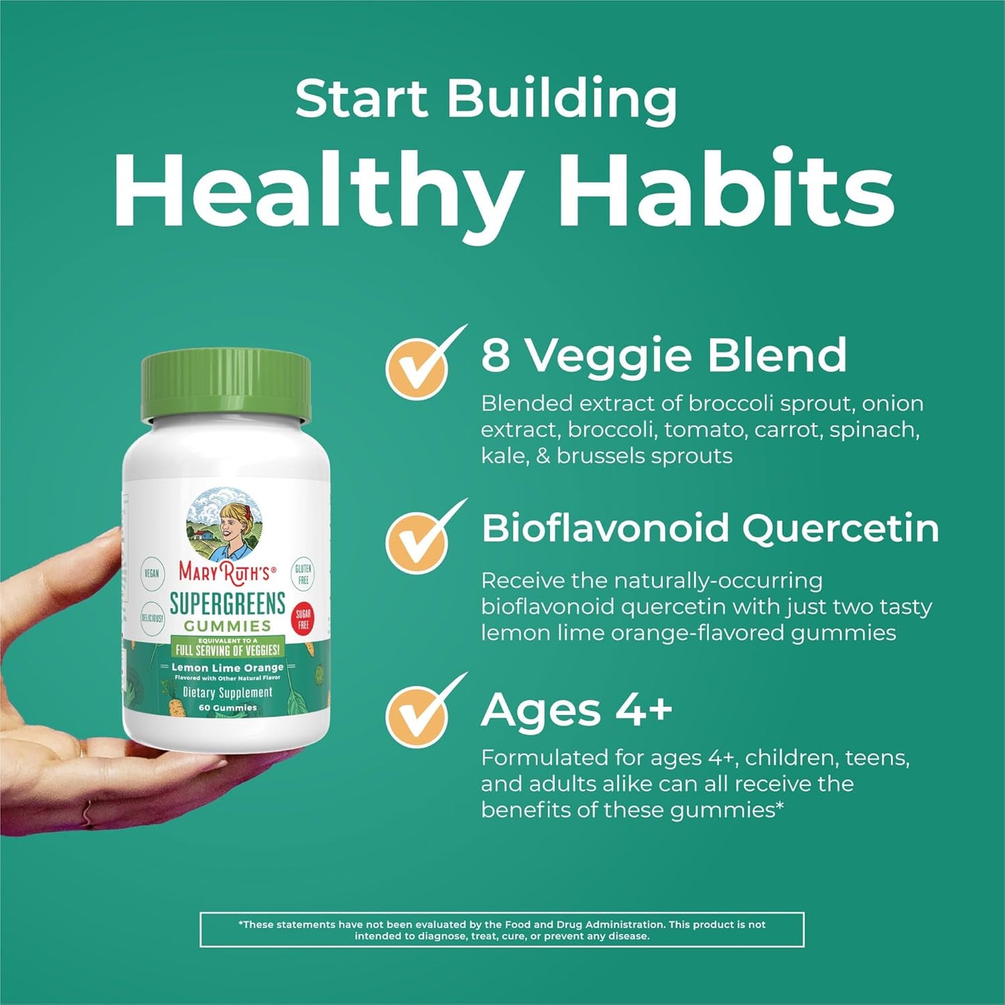 MaryRuth Organics Super Greens Gummies with Quercetin for Adults and Kids 4+ | Vegan, Sugar-Free, High Fiber | 60 Count