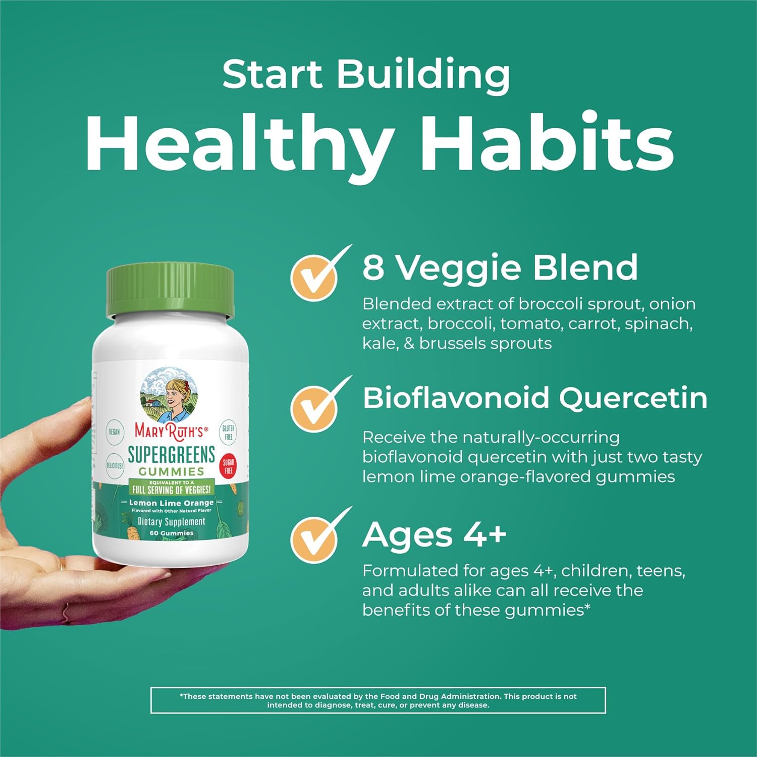 MaryRuth Organics Super Greens Gummies with Quercetin for Adults and Kids 4+ | Vegan, Sugar-Free, High Fiber | 60 Count