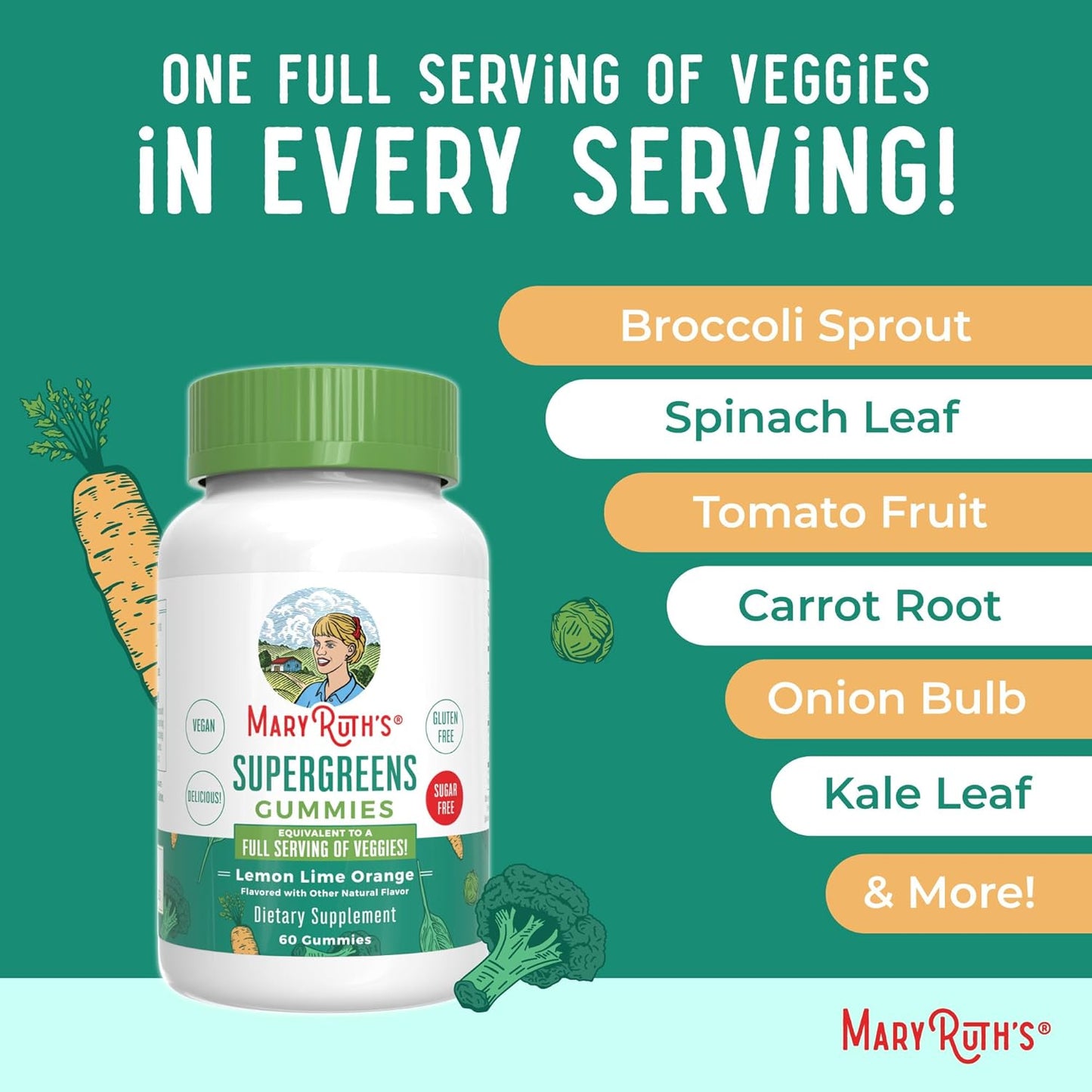 MaryRuth Organics Super Greens Gummies with Quercetin for Adults and Kids 4+ | Vegan, Sugar-Free, High Fiber | 60 Count