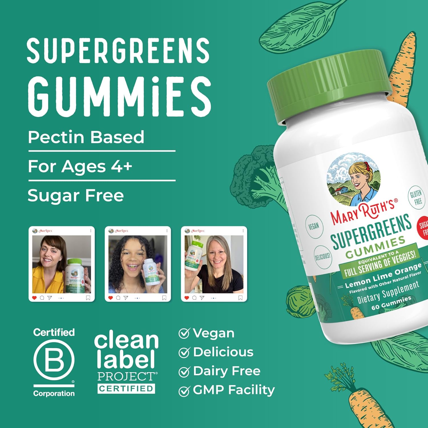 MaryRuth Organics Super Greens Gummies with Quercetin for Adults and Kids 4+ | Vegan, Sugar-Free, High Fiber | 60 Count