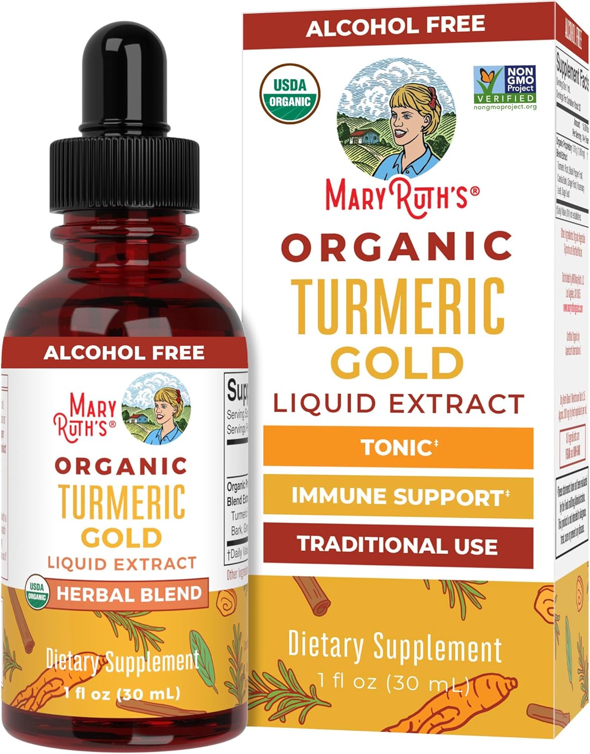MaryRuth Organics Turmeric Gold Liquid Drops - Herbal Blend with Turmeric Curcumin, Black Pepper, Cassia Cinnamon Bark, and Ginger Root - Immune Support - Non-GMO - Vegan - 1oz