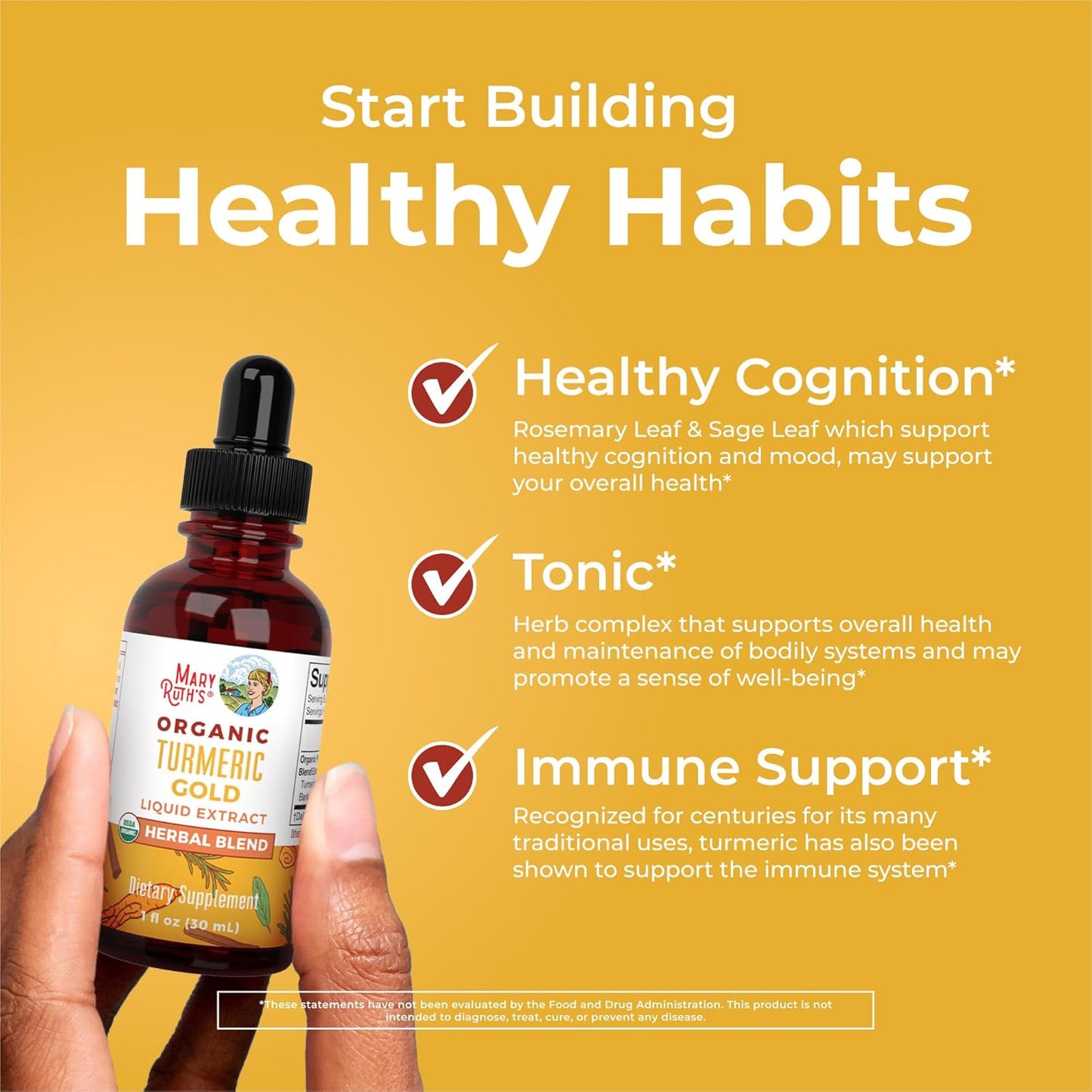 MaryRuth Organics Turmeric Gold Liquid Drops - Herbal Blend with Turmeric Curcumin, Black Pepper, Cassia Cinnamon Bark, and Ginger Root - Immune Support - Non-GMO - Vegan - 1oz