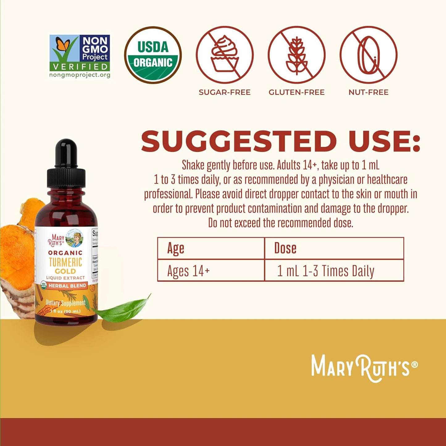 MaryRuth Organics Turmeric Gold Liquid Drops - Herbal Blend with Turmeric Curcumin, Black Pepper, Cassia Cinnamon Bark, and Ginger Root - Immune Support - Non-GMO - Vegan - 1oz