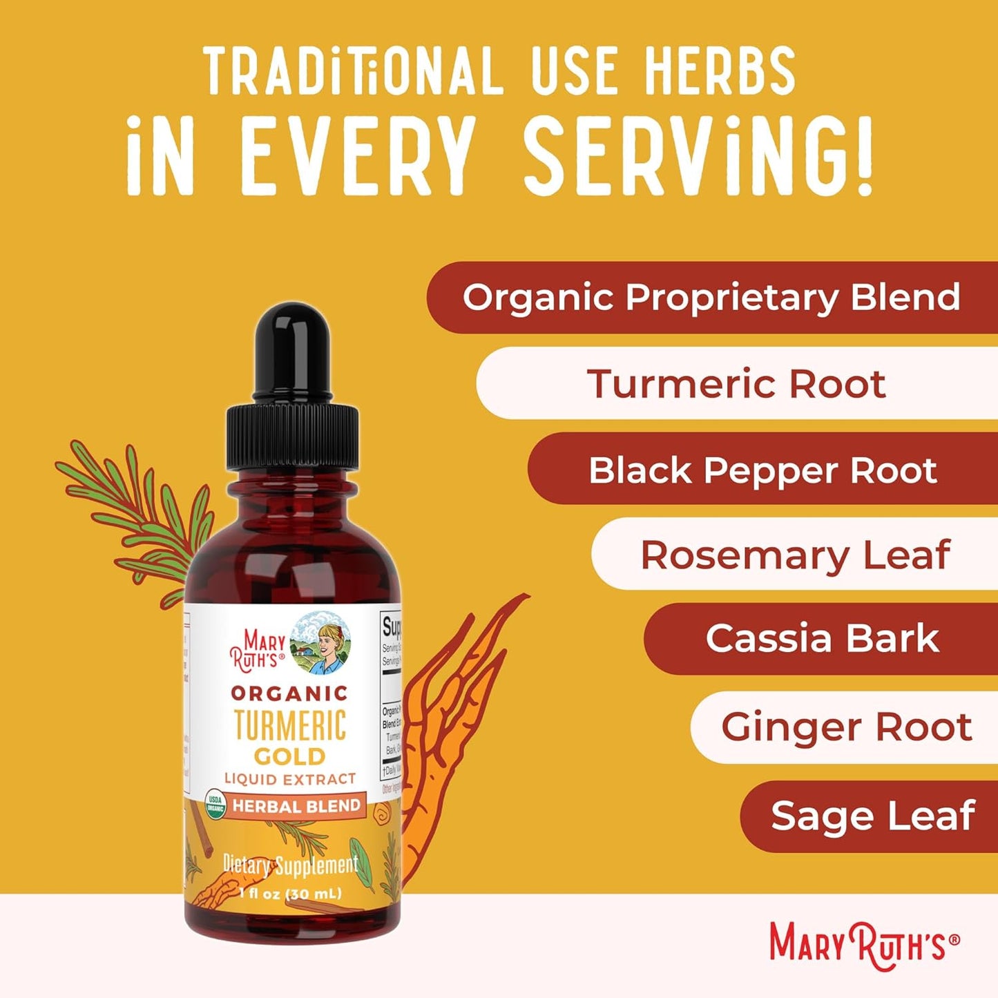 MaryRuth Organics Turmeric Gold Liquid Drops - Herbal Blend with Turmeric Curcumin, Black Pepper, Cassia Cinnamon Bark, and Ginger Root - Immune Support - Non-GMO - Vegan - 1oz