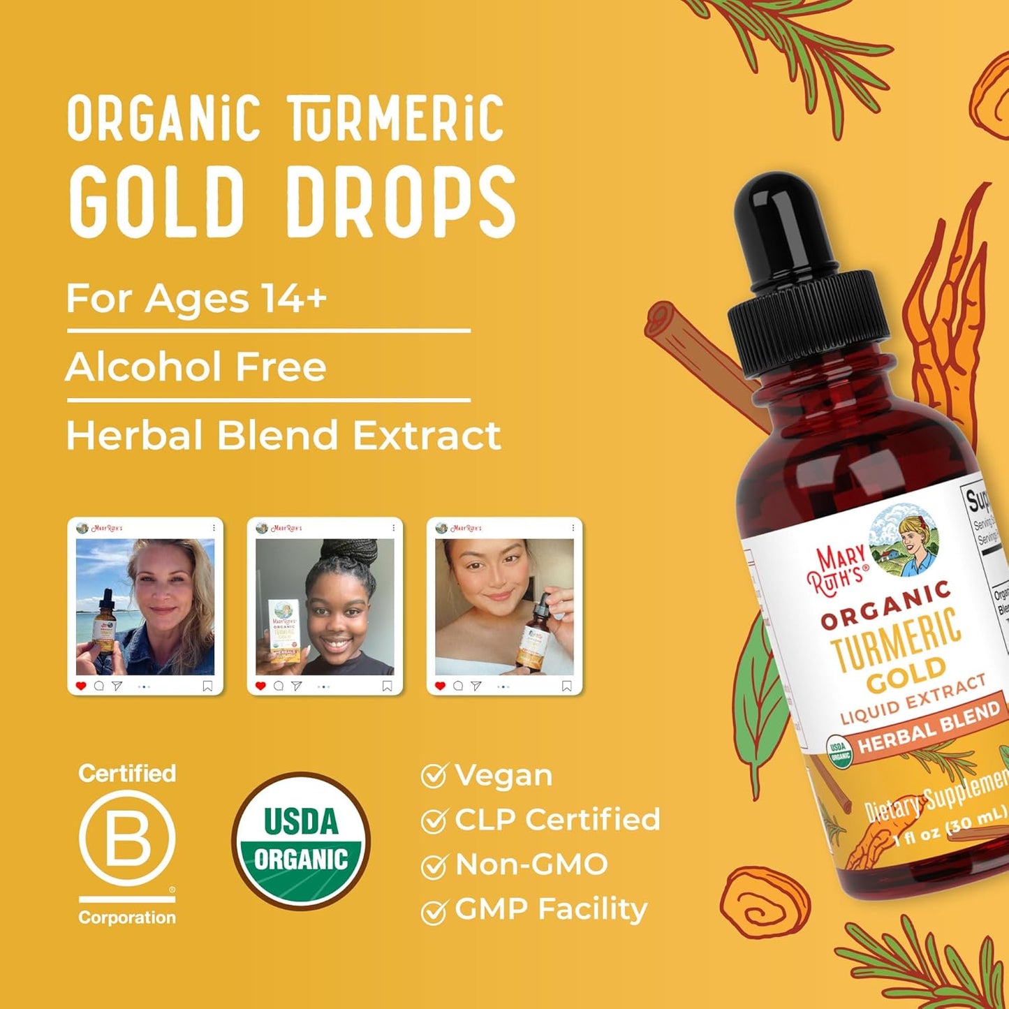 MaryRuth Organics Turmeric Gold Liquid Drops - Herbal Blend with Turmeric Curcumin, Black Pepper, Cassia Cinnamon Bark, and Ginger Root - Immune Support - Non-GMO - Vegan - 1oz