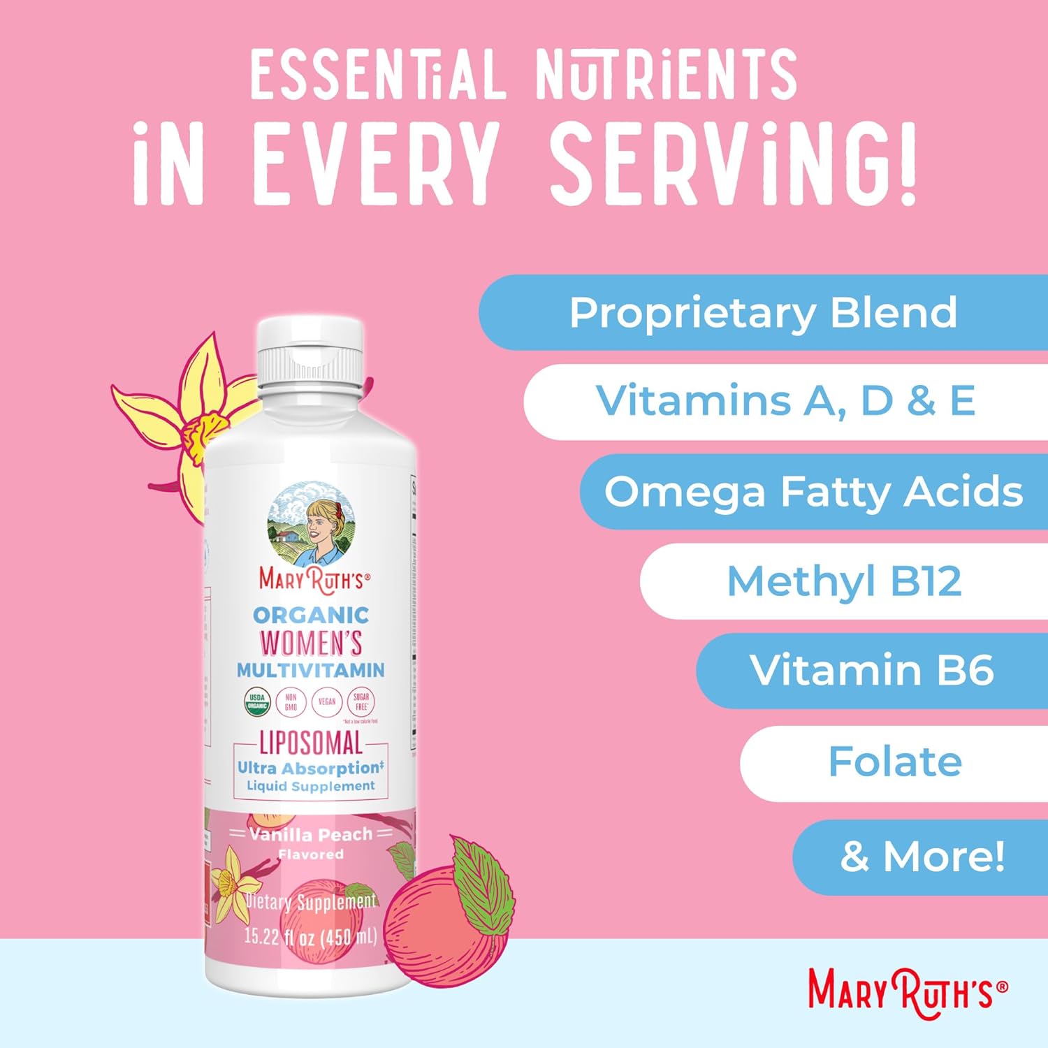 MaryRuth Organics Women's Liquid Multivitamin with Ashwagandha and Methylfolate - Immune Support, Organic, Vegan, Non-GMO - 15.22 Fl Oz