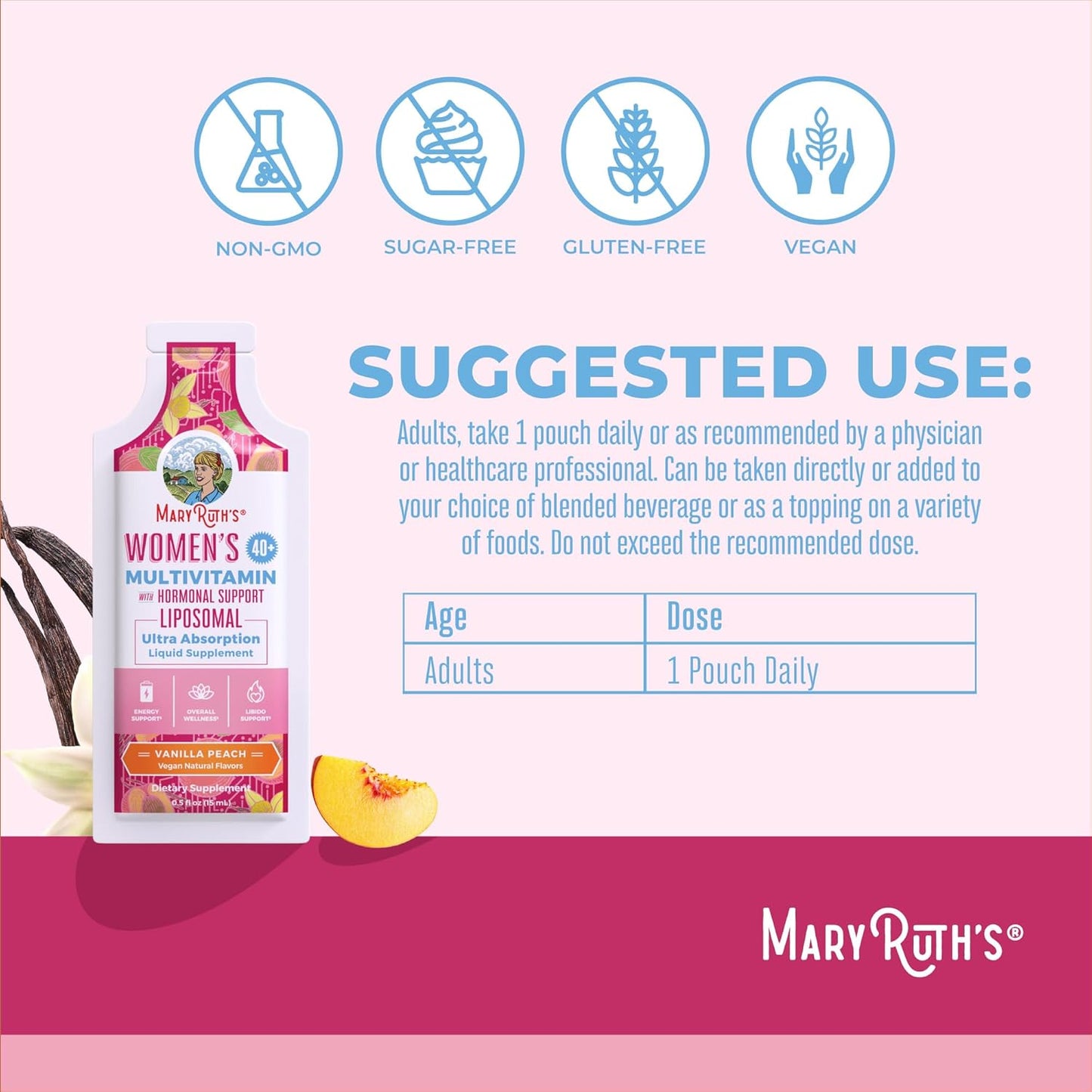 MaryRuth Organics Women's Multivitamin 40: Liposomal Immune Support & Energy Supplement, Sleep Aid - Vegan, Sugar Free, 14 Servings