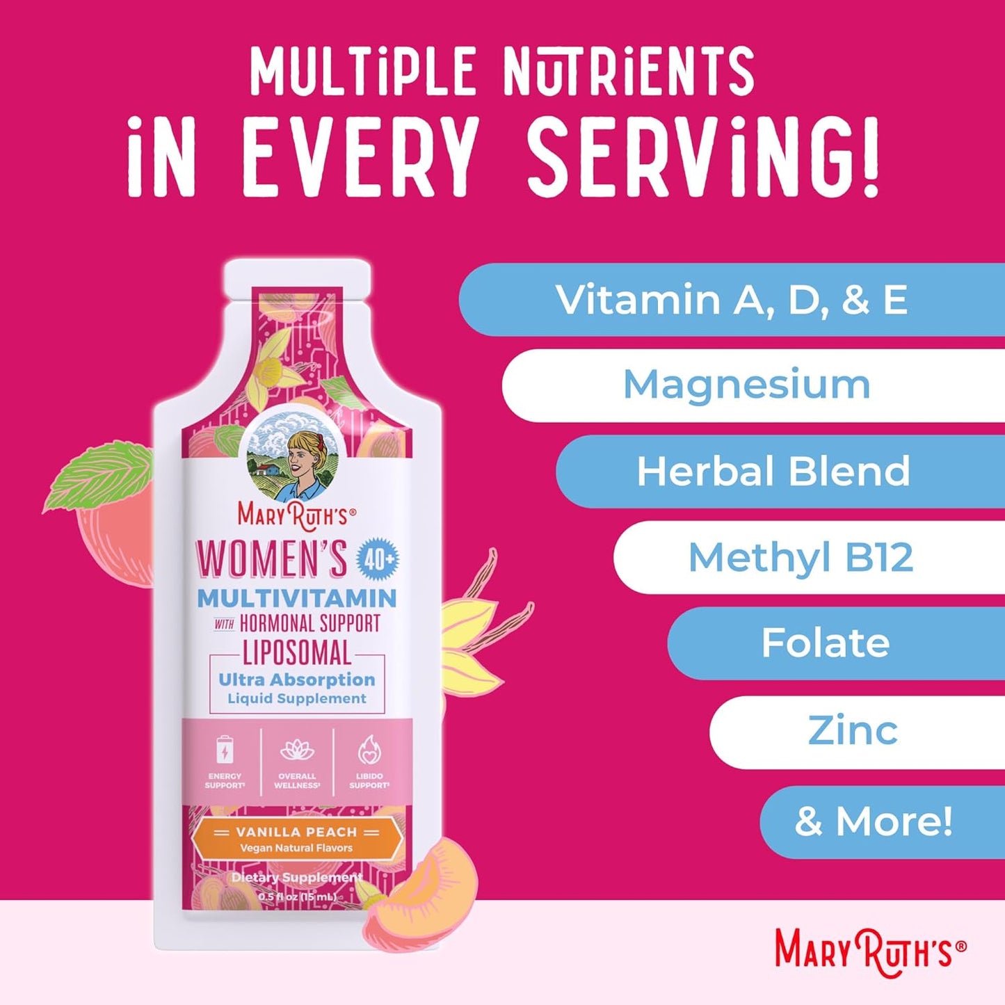 MaryRuth Organics Women's Multivitamin 40: Liposomal Immune Support & Energy Supplement, Sleep Aid - Vegan, Sugar Free, 14 Servings