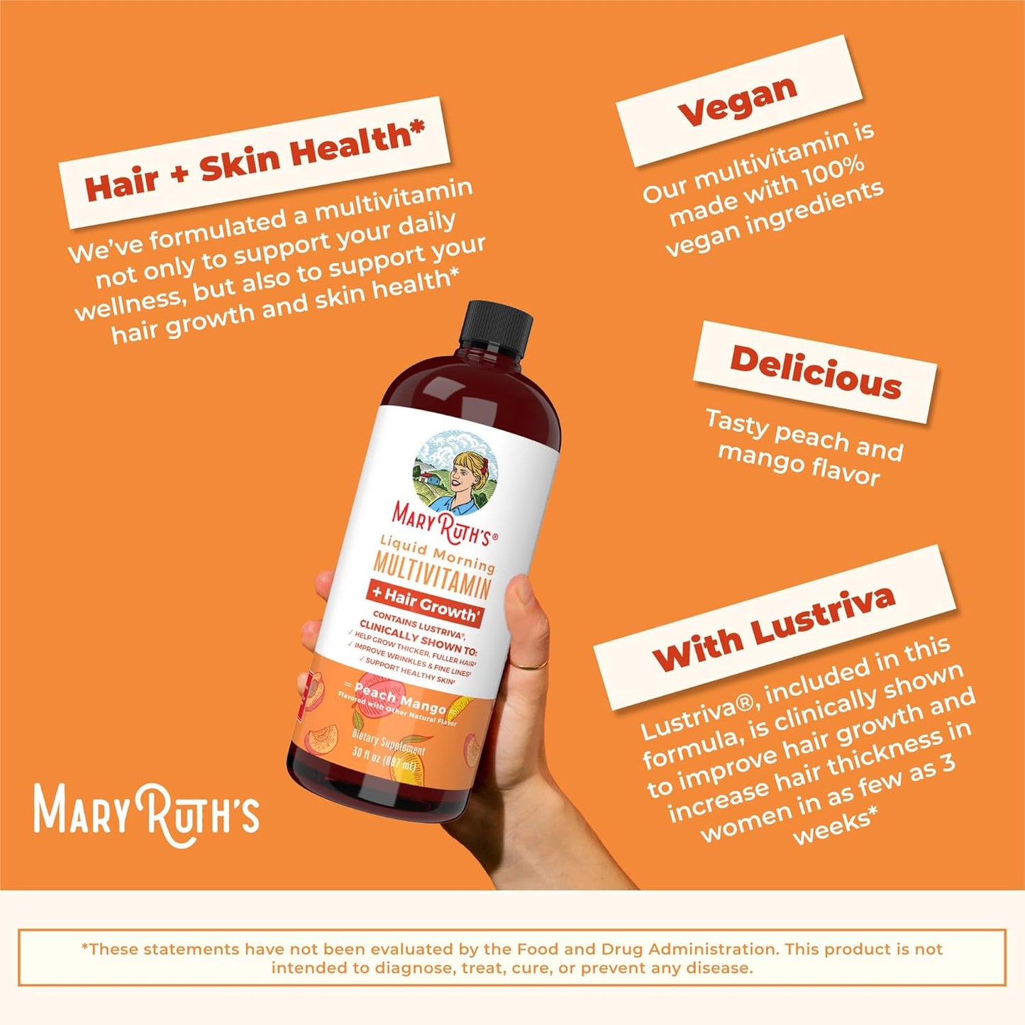 MaryRuth Organics Women's Multivitamin with Hair Growth Vitamins & Minerals | Lustriva® & Chromium Picolinate | Thicker Hair, Skin Care | 30 Fl Oz (3 Pack)