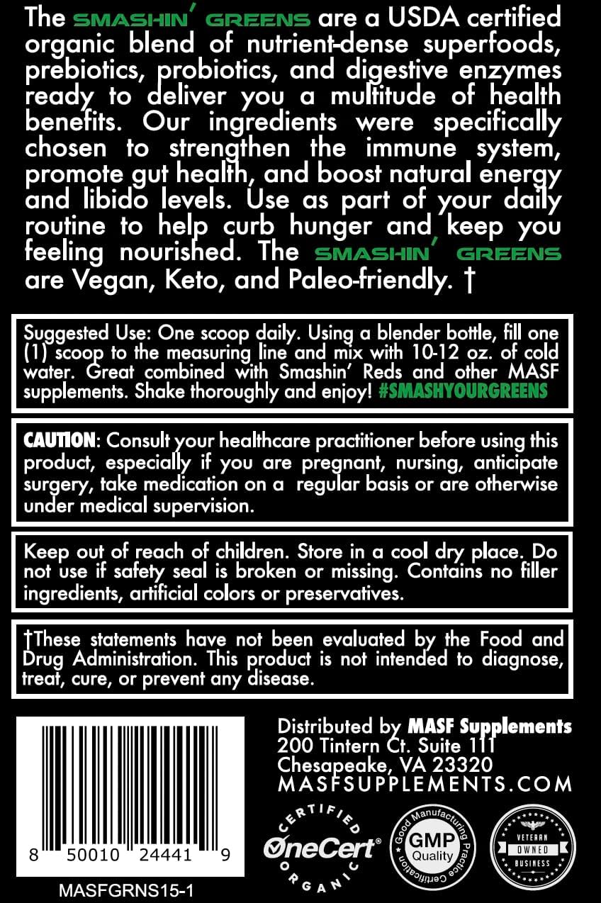 MASF Smashin' Greens Superfood Blend NSF Sport - Digestive Health, Spirulina, Chlorella, Bloat Relief - 8.47oz