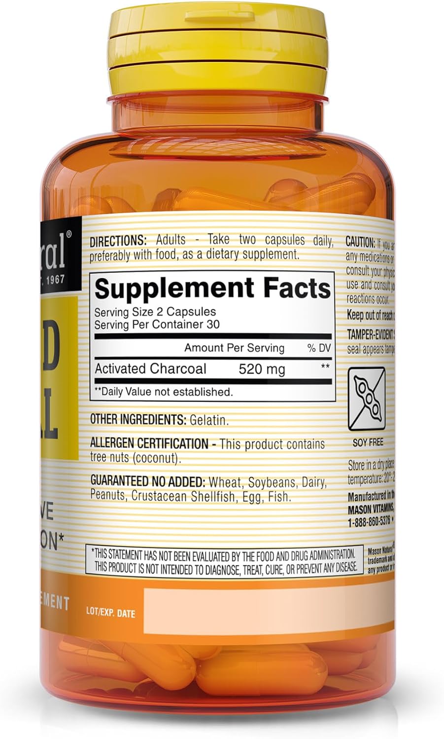 MASON NATURAL Activated Charcoal Capsules - Relieves Gas & Bloating, Supports Detox, Highly Absorbent, 180 Capsules