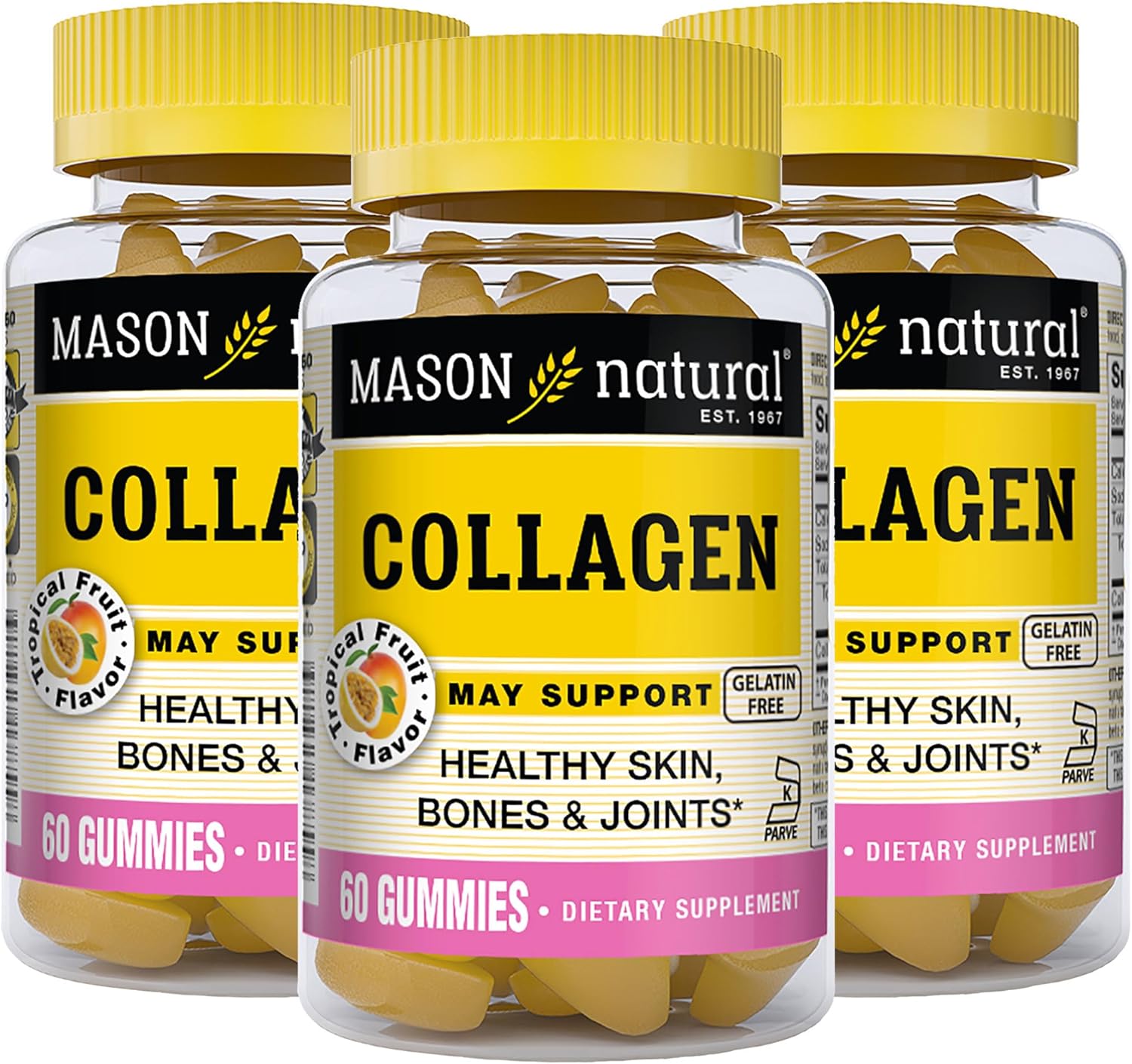 MASON NATURAL Collagen Gummies: Tropical Flavor, 60 Gummies x 3 Pack, Supports Healthy Skin, Bones & Joints, Kosher
