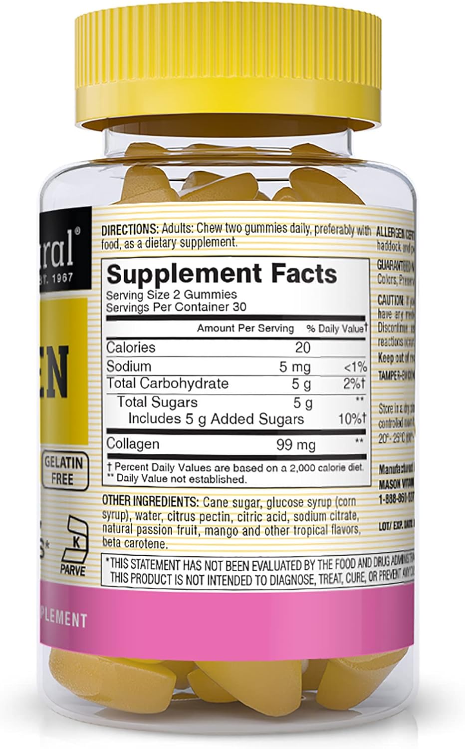 MASON NATURAL Collagen Gummies: Tropical Flavor, 60 Gummies x 3 Pack, Supports Healthy Skin, Bones & Joints, Kosher