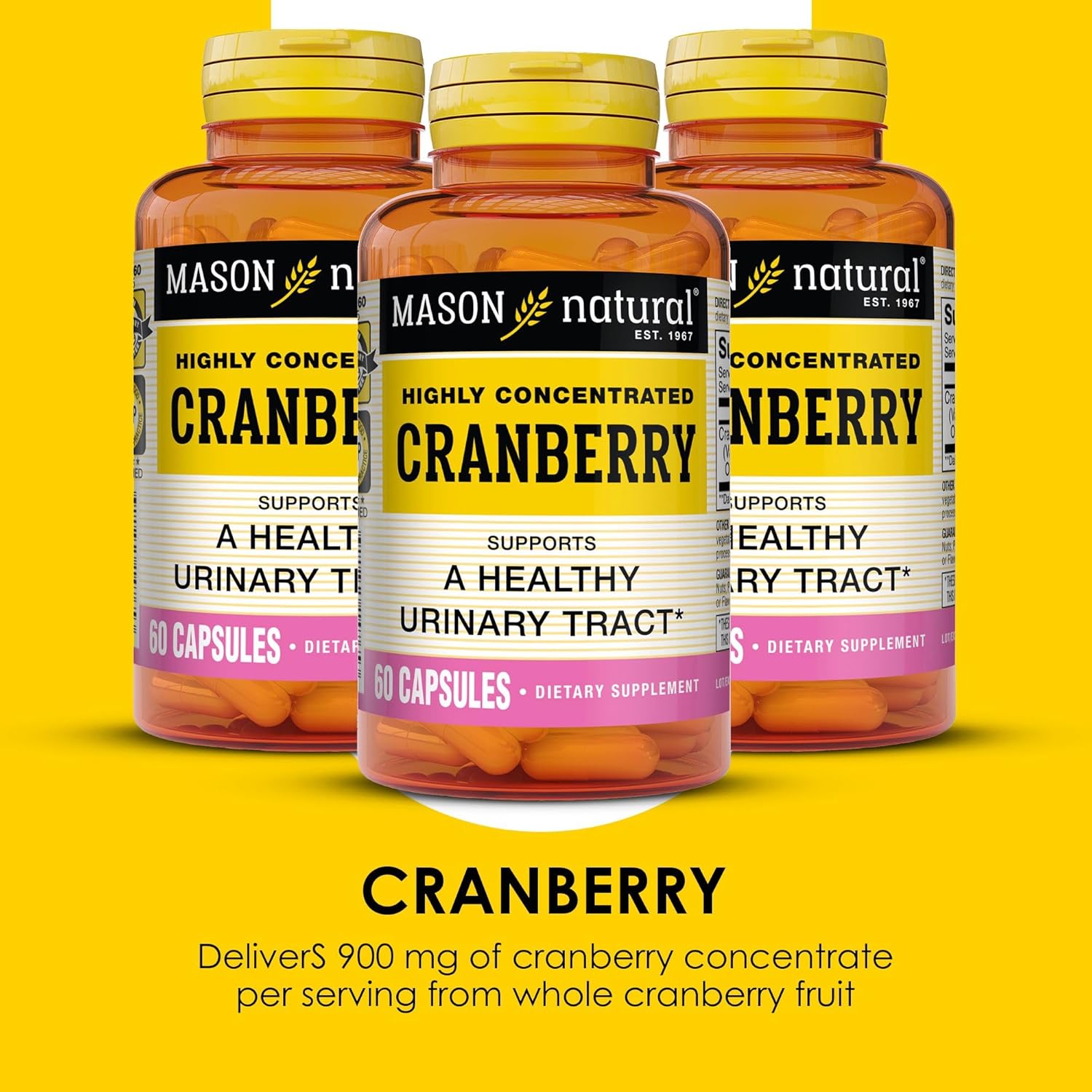 MASON NATURAL Cranberry 900mg Highly Concentrated Capsules - 3 Month Supply for Urinary Tract Health - Antioxidant Support - Pack of 3