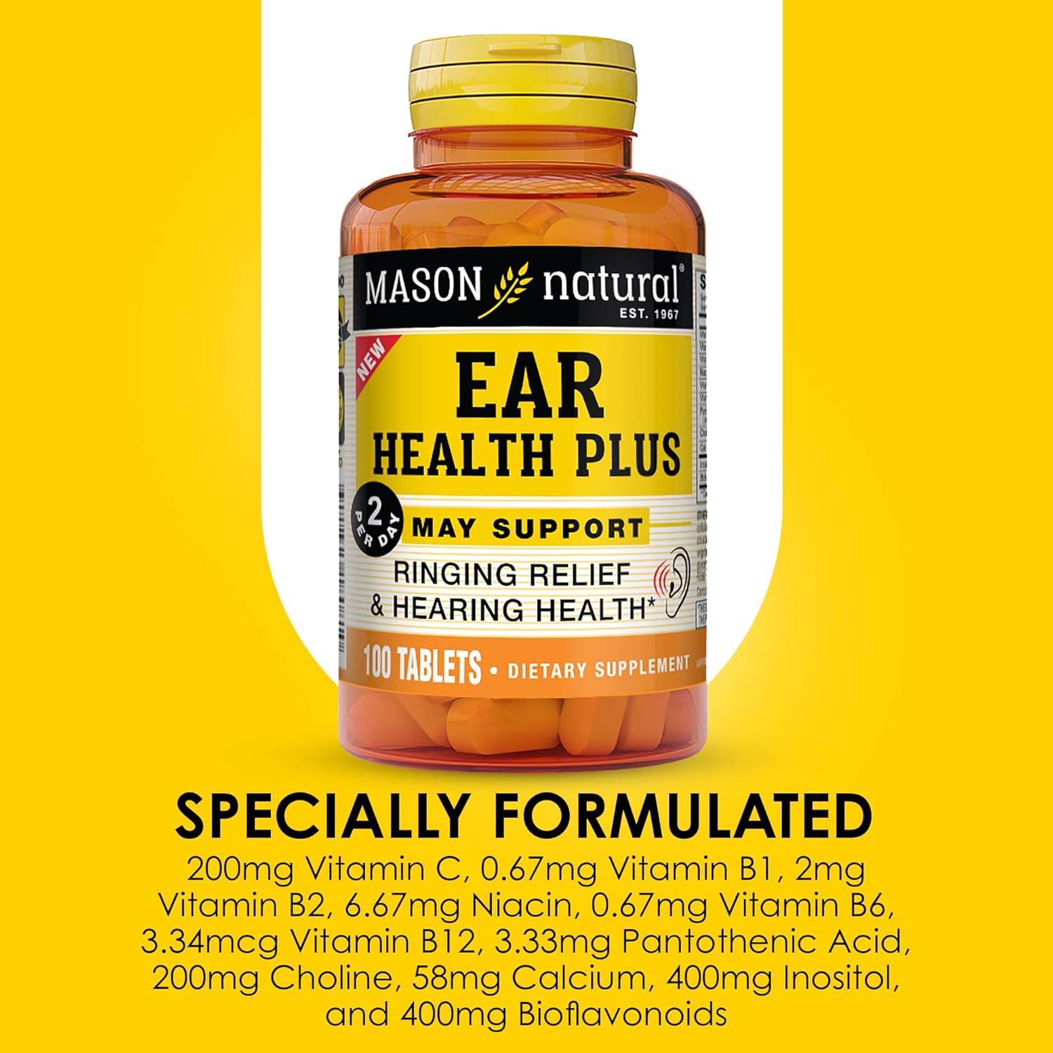 MASON NATURAL Ear Health Plus Supplement with B Vitamins - 50 Day Supply for Normal Ear Health and Ringing Relief