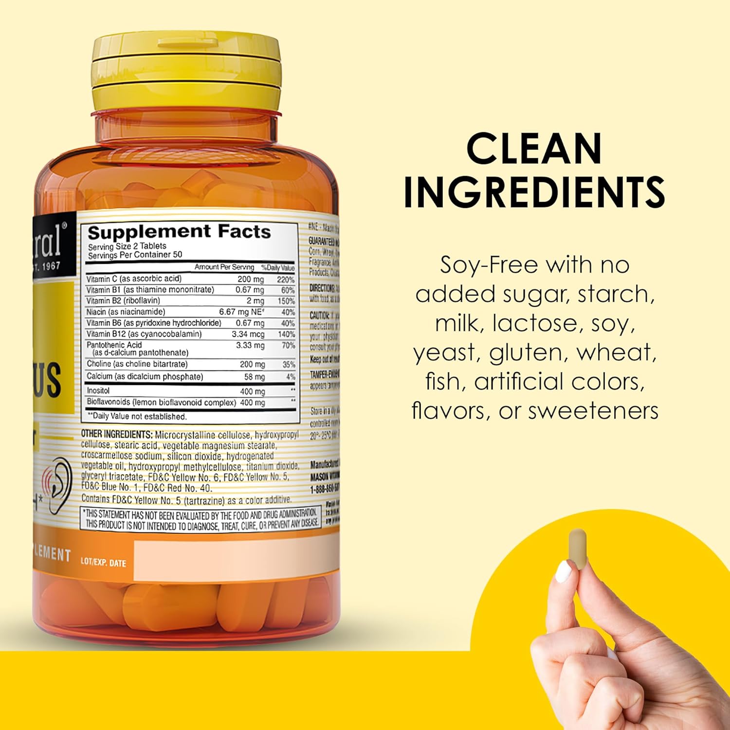 MASON NATURAL Ear Health Plus Supplement with B Vitamins - 50 Day Supply for Normal Ear Health and Ringing Relief