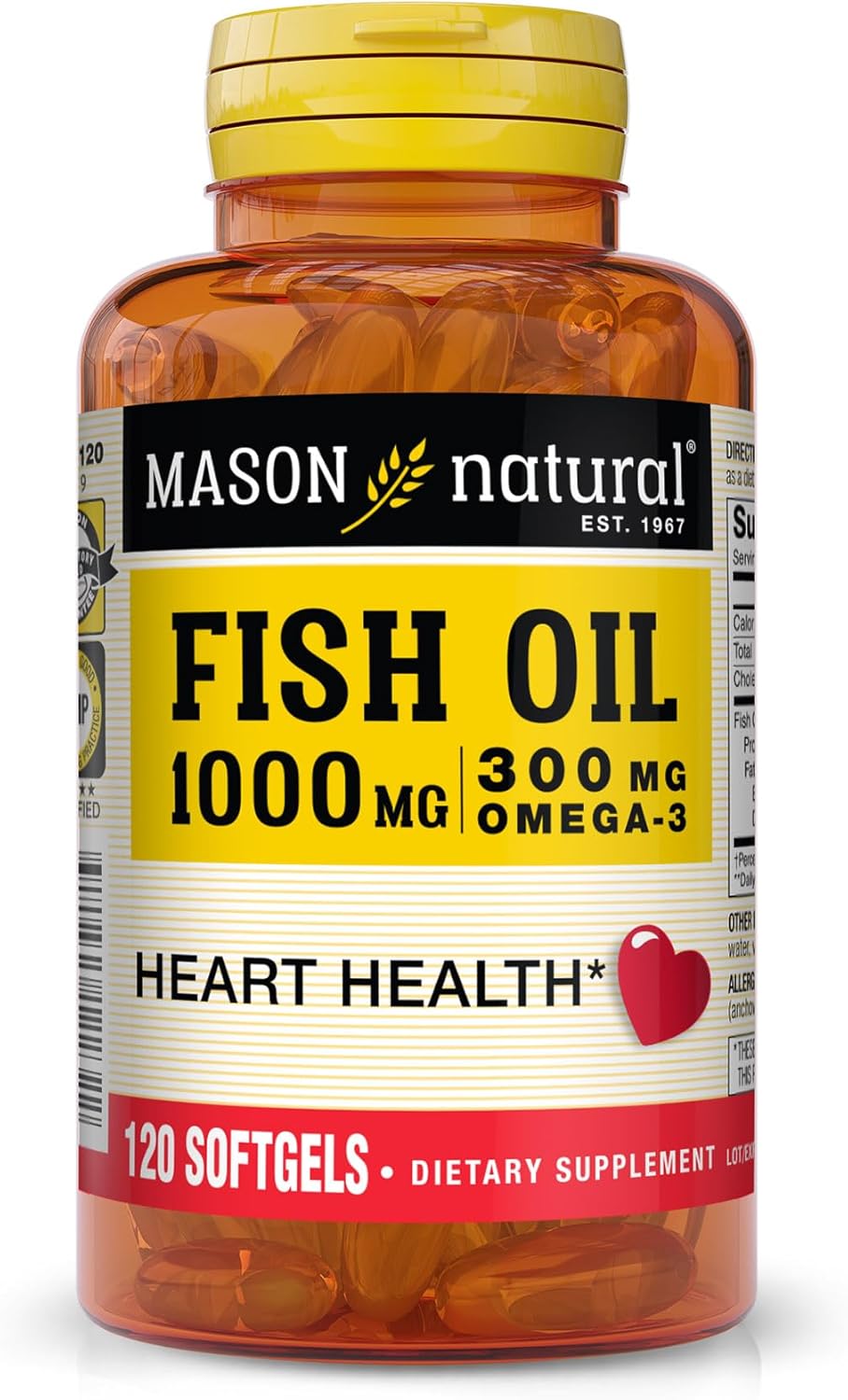 Mason Natural Fish Oil Omega-3 Softgels 1000mg Dietary Supplement