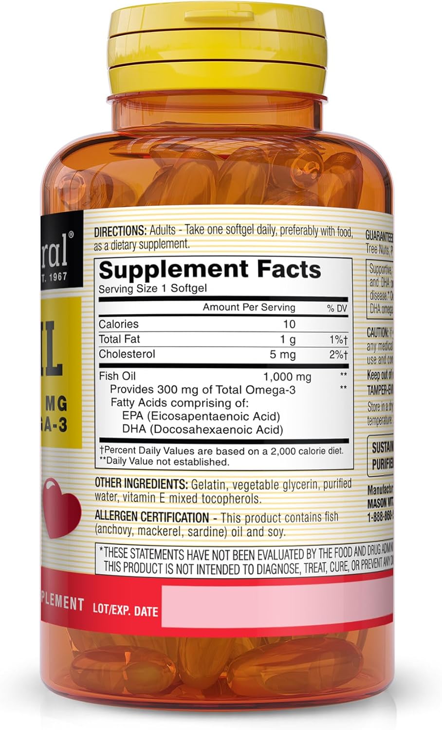 Mason Natural Fish Oil Omega-3 Softgels 1000mg Dietary Supplement