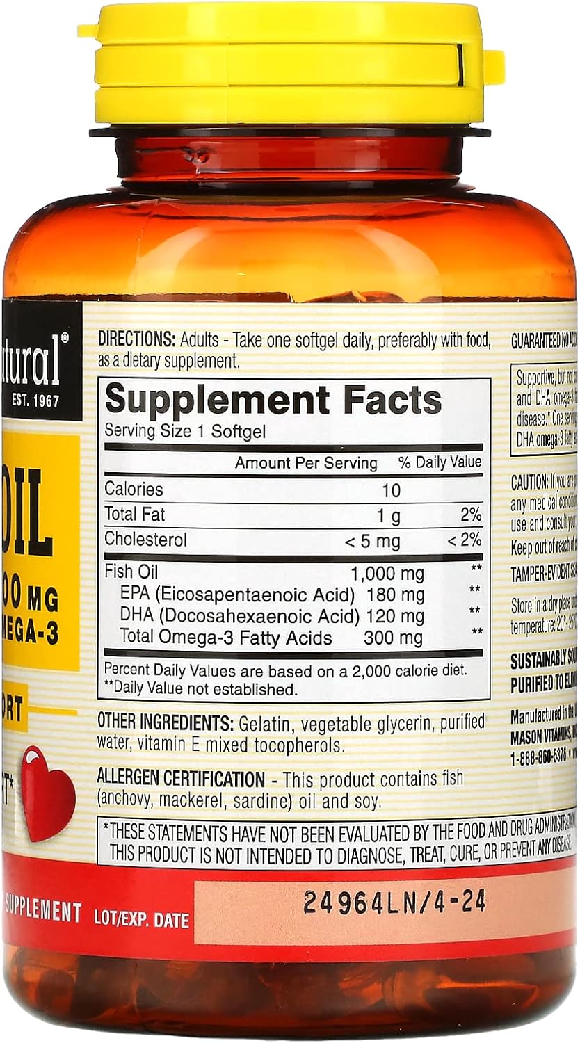 Mason Natural Fish Oil Softgels - 1,000 mg, 120 Count Bottle