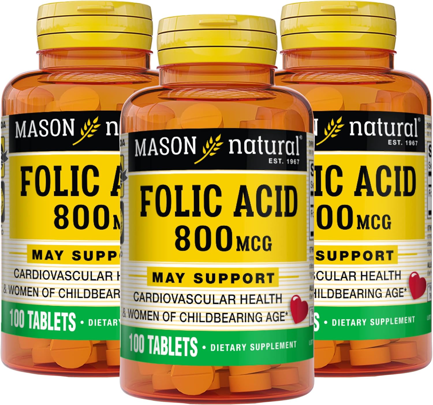 MASON NATURAL Folic Acid 800 mcg Tablets - Supports Nervous System Function, Health, Mood, and Prenatal Care in Women of Childbearing Age, 300 Tablets Total