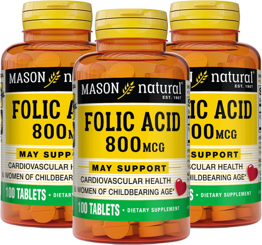 MASON NATURAL Folic Acid 800 mcg Tablets - Supports Nervous System Function, Health, Mood, and Prenatal Care in Women of Childbearing Age, 300 Tablets Total