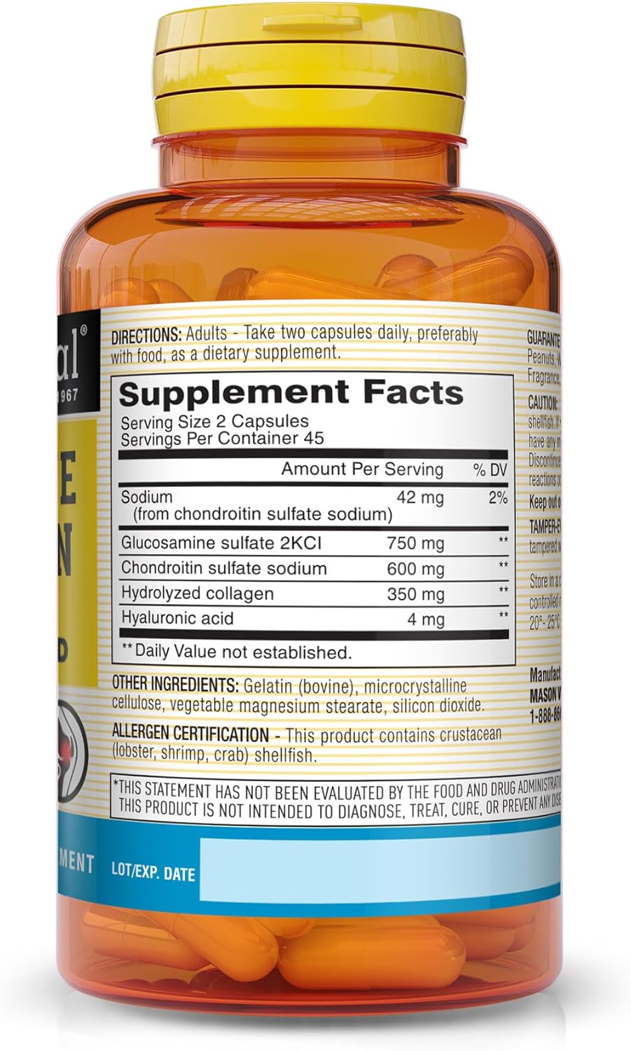Mason Natural Glucosamine Chondroitin Capsules - 90 Count - Dietary Supplement for Joint, Bone, and Cartilage Health