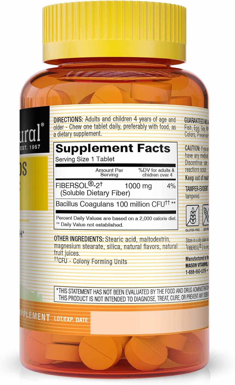 Mason Natural Kids Probiotic with Fiber Chewables - Promote Healthy Digestion & Gut Health, 60 Count (Pack of 3)