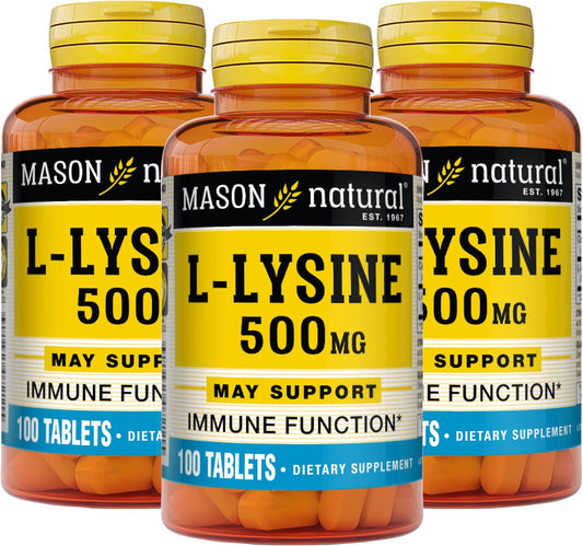 Mason Natural L-Lysine 500 mg with Calcium - Boost Immunity, Improve Nutrient Uptake - 100 Tablets (Pack of 3)