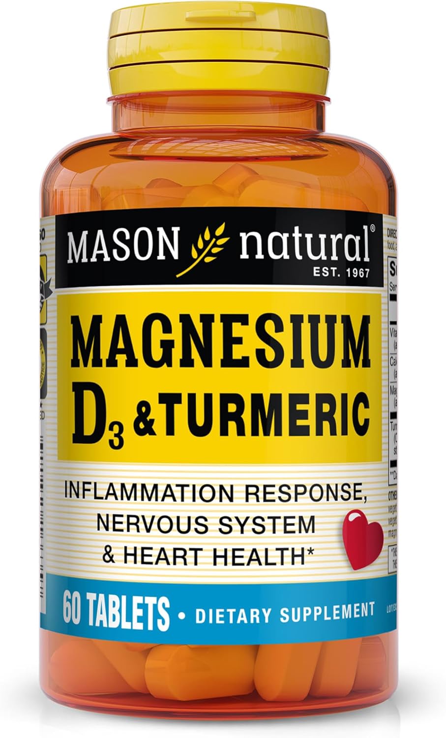 MASON NATURAL Magnesium, Vitamin D3, and Turmeric Supplement - 60 Day Supply with 500mg Magnesium, 3000 IU Vitamin D3, 150mg Turmeric