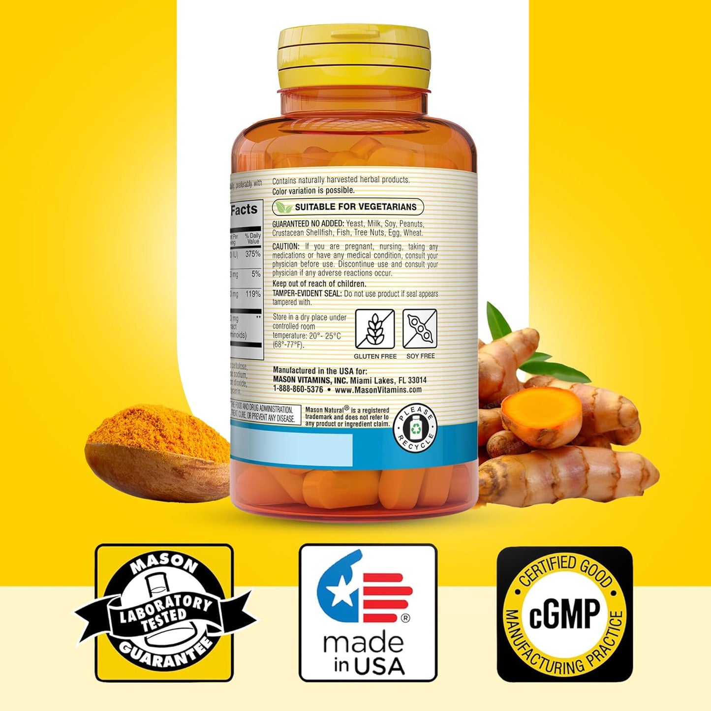 MASON NATURAL Magnesium, Vitamin D3, and Turmeric Supplement - 60 Day Supply with 500mg Magnesium, 3000 IU Vitamin D3, 150mg Turmeric