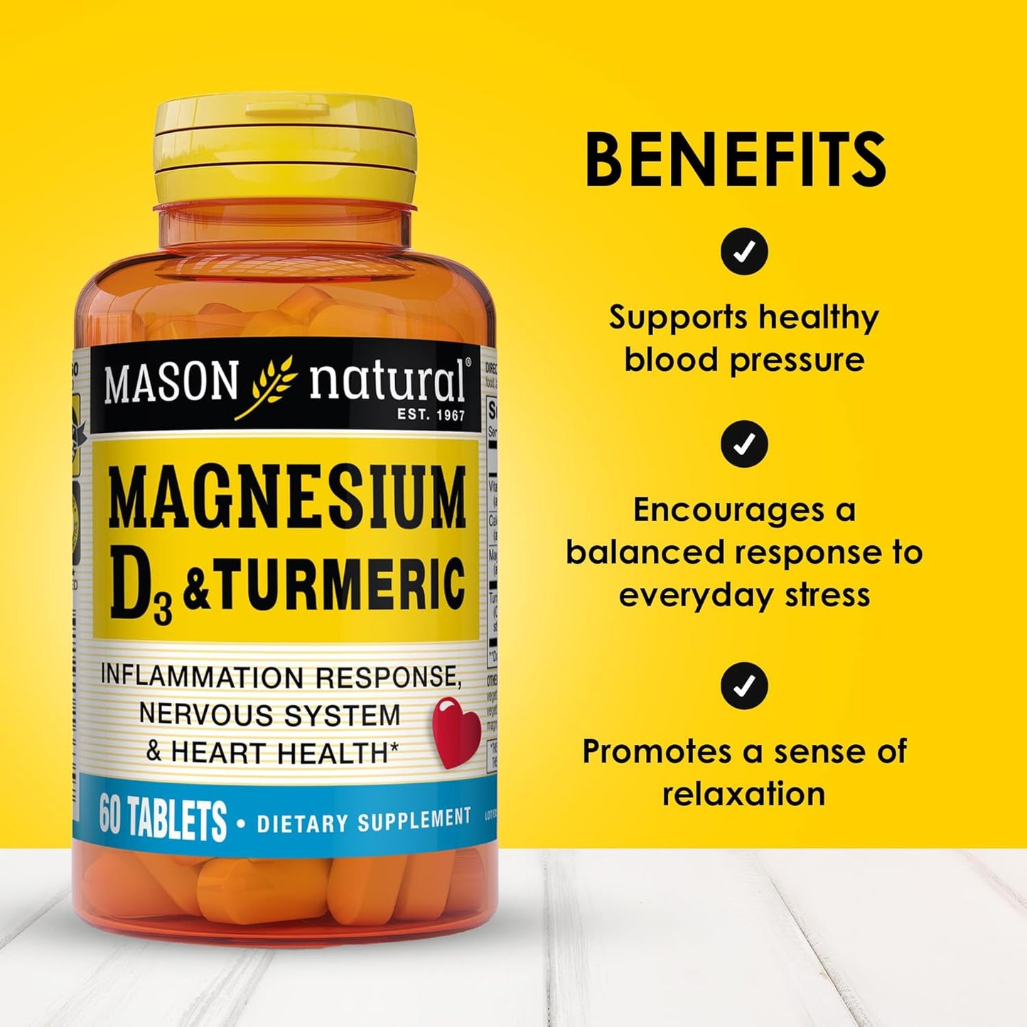 MASON NATURAL Magnesium, Vitamin D3, and Turmeric Supplement - 60 Day Supply with 500mg Magnesium, 3000 IU Vitamin D3, 150mg Turmeric