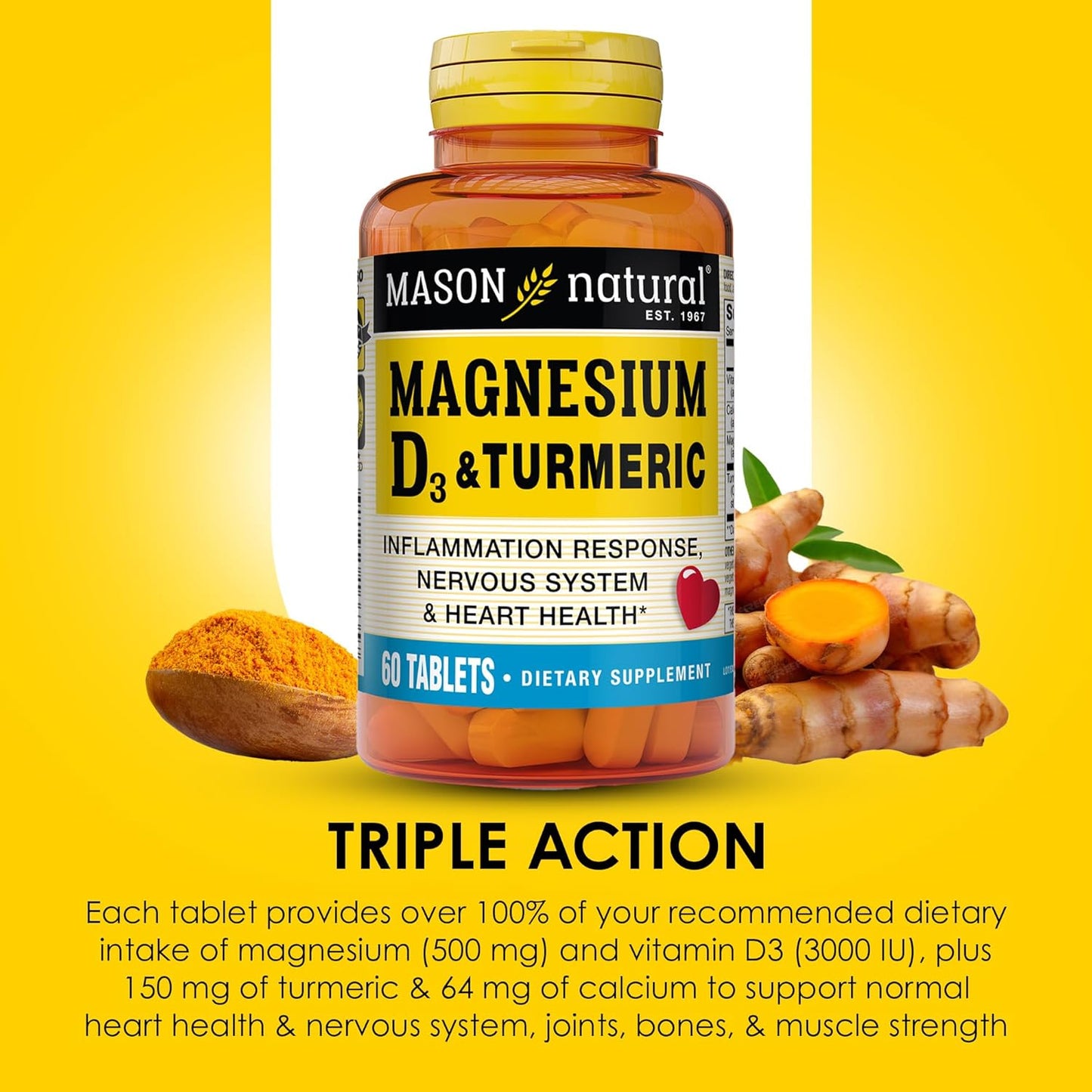 MASON NATURAL Magnesium, Vitamin D3, and Turmeric Supplement - 60 Day Supply with 500mg Magnesium, 3000 IU Vitamin D3, 150mg Turmeric