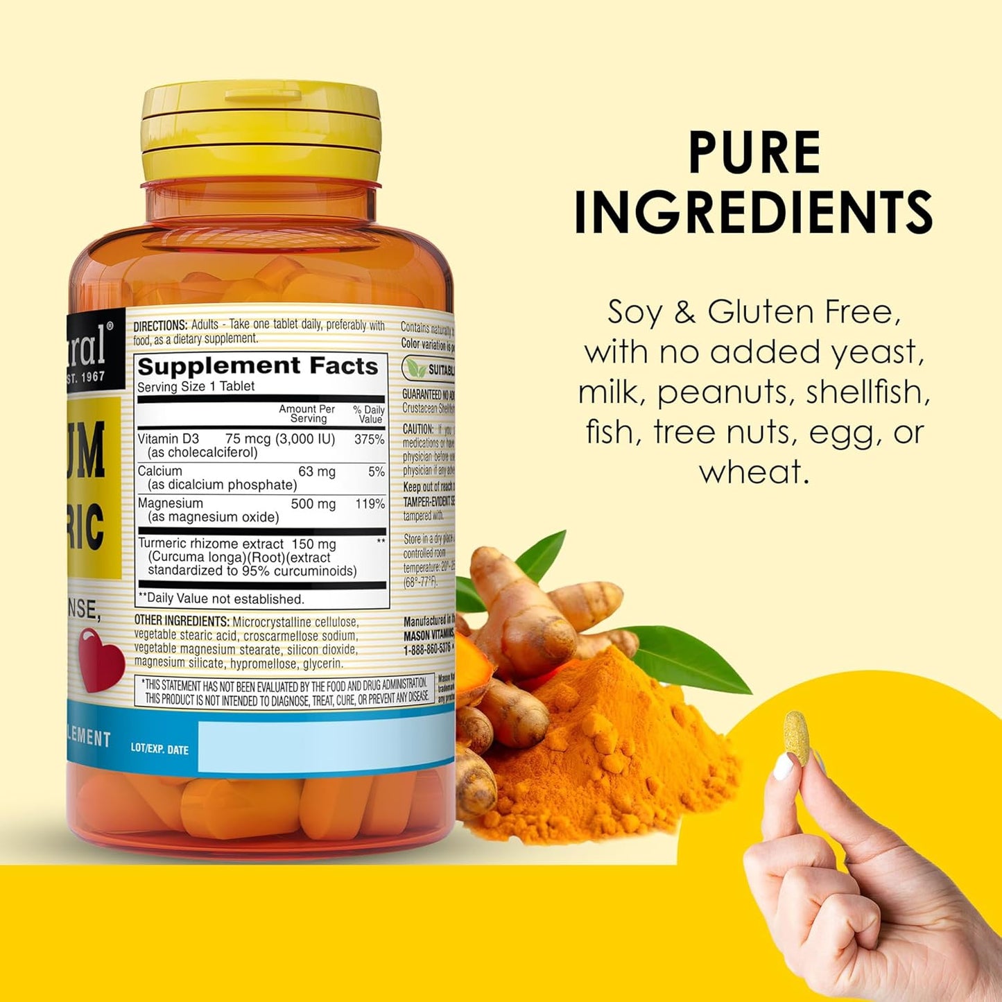 MASON NATURAL Magnesium, Vitamin D3, and Turmeric Supplement - 60 Day Supply with 500mg Magnesium, 3000 IU Vitamin D3, 150mg Turmeric