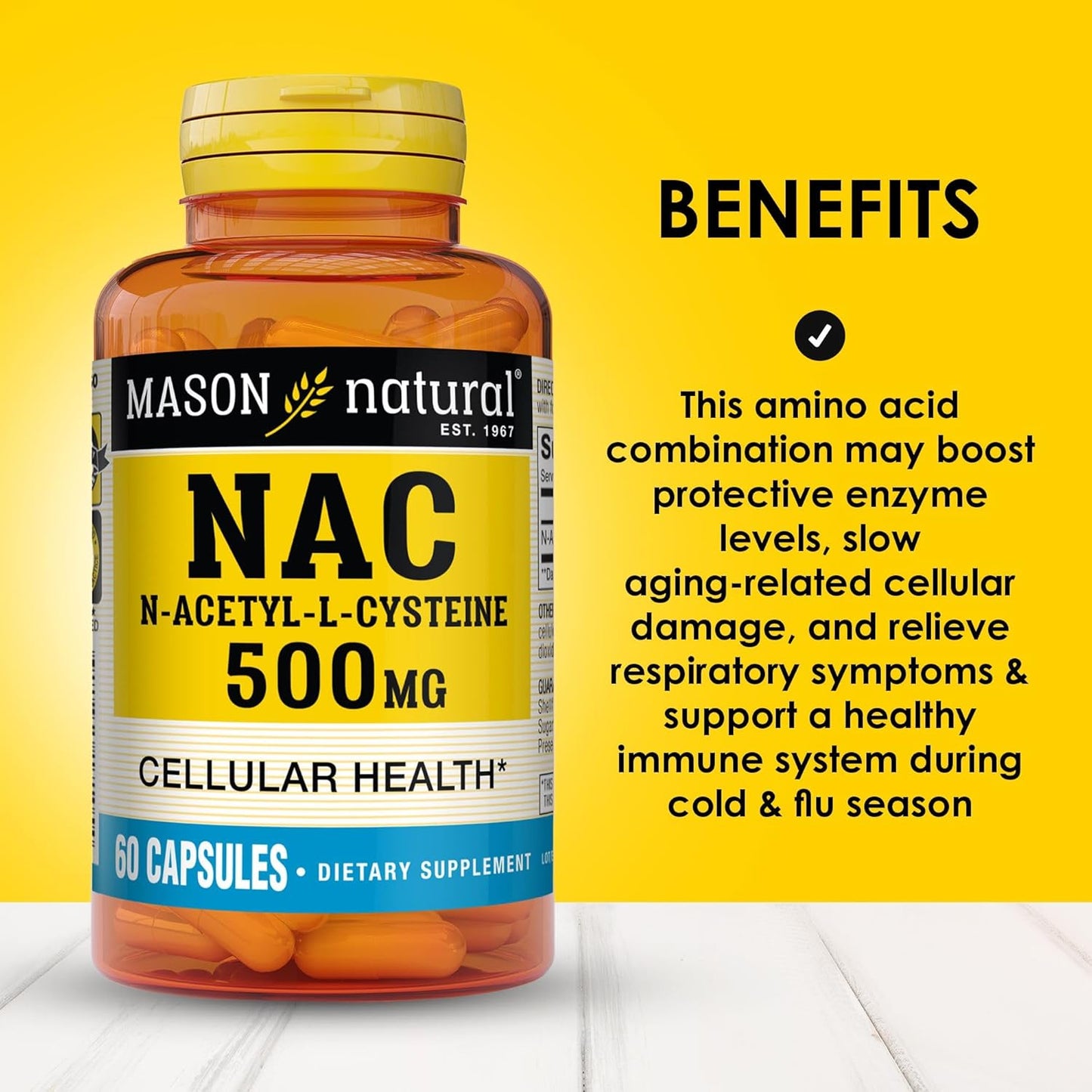 Mason Natural NAC N-Acetyl-L-Cysteine 500mg - 2 Month Supply - Cellular Health Support - Immune System Booster - 60 Capsules
