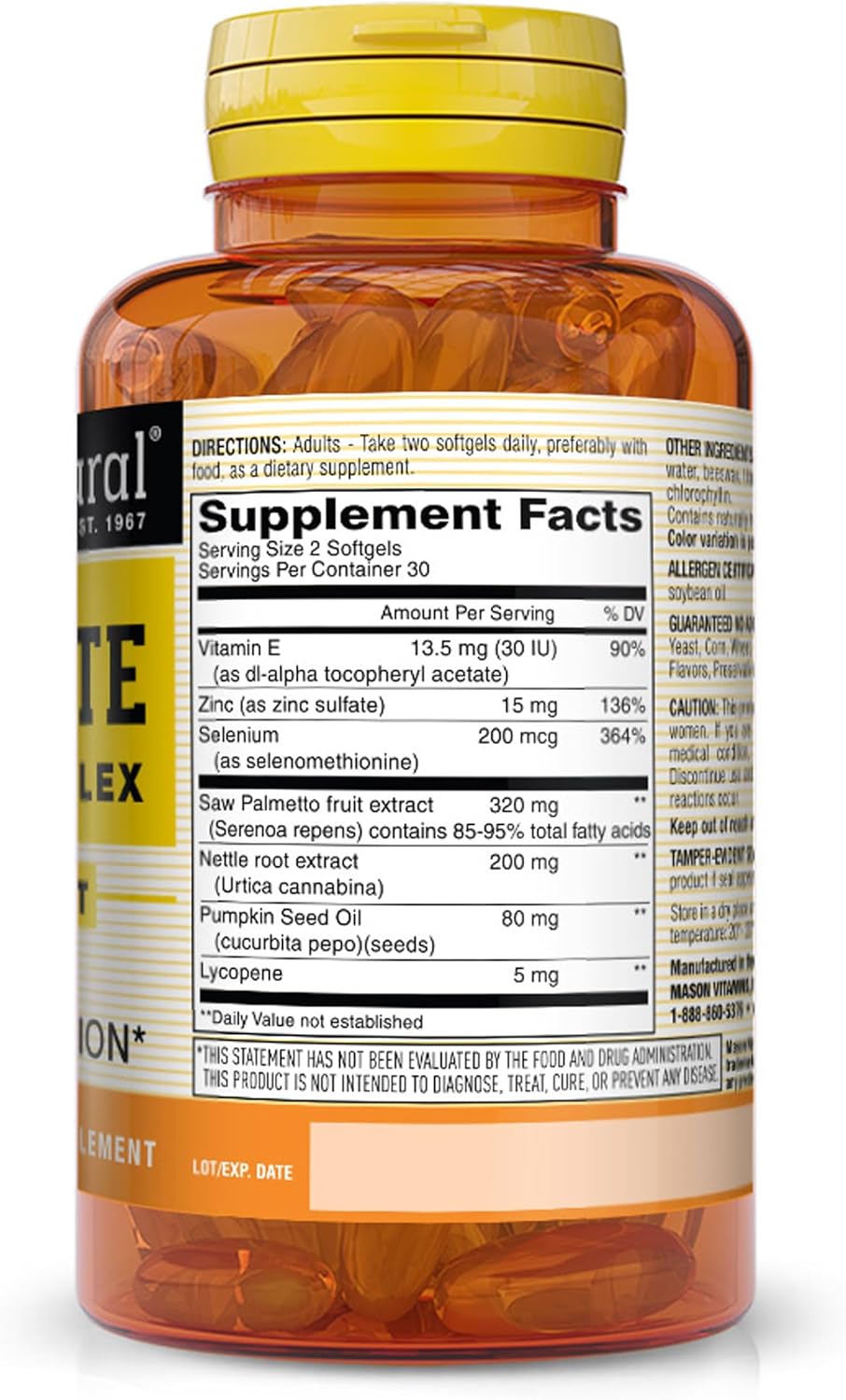 MASON NATURAL Prostate Health Supplement with Saw Palmetto, Nettle Root & Pumpkin Seed Oil - Promotes Prostate Function*, 60 Softgels
