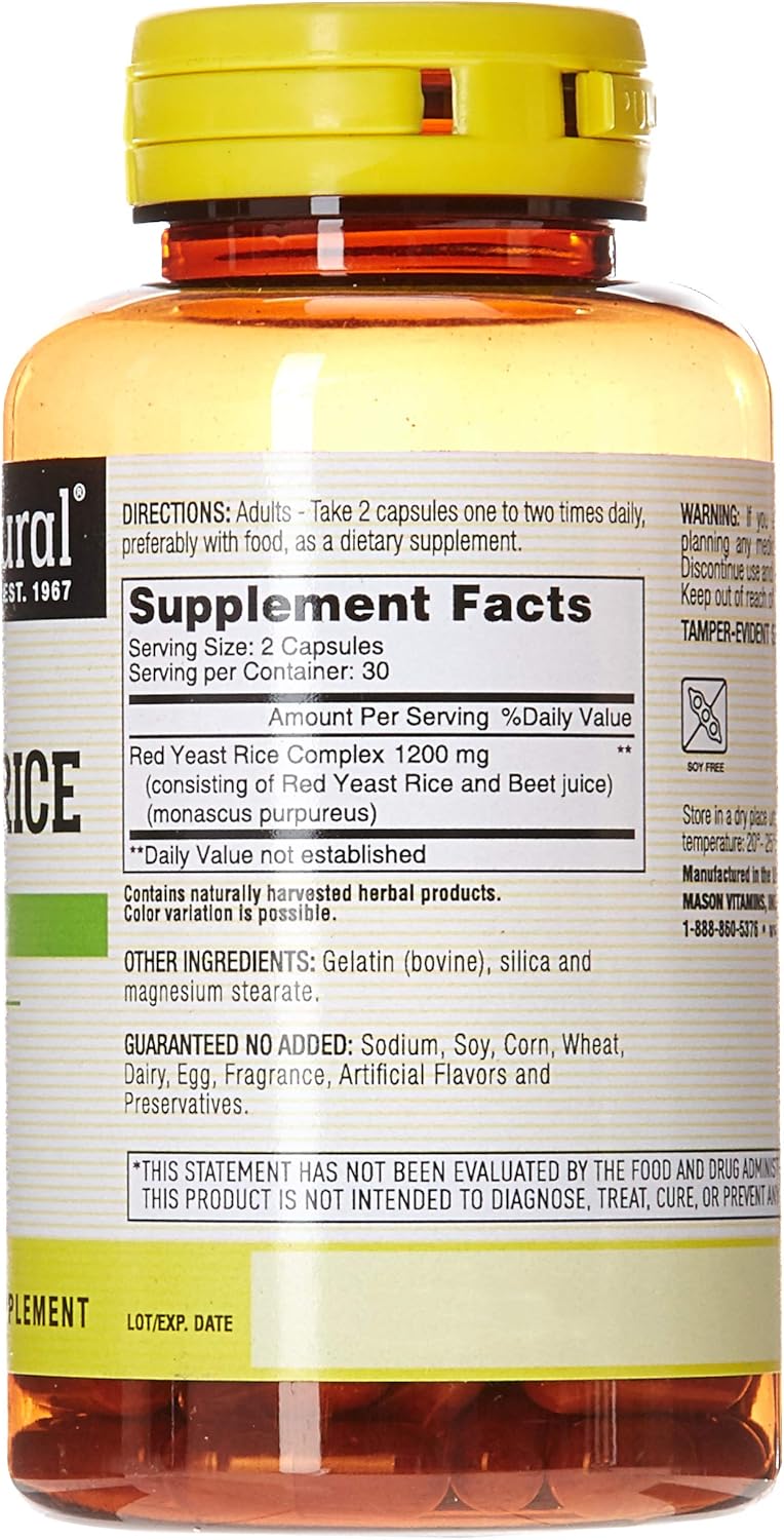 Mason Natural Red Yeast Rice 1200mg 60 Count (Pack of 3) Herbal Supplements for Cholesterol and Circulation Support
