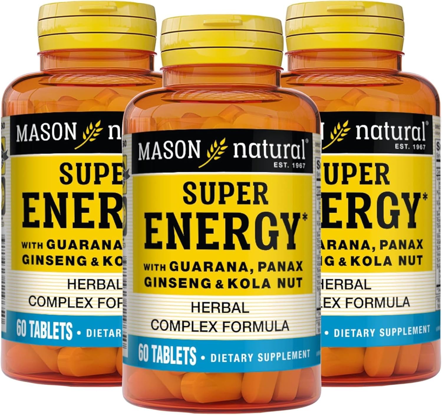 MASON NATURAL Super Energy Supplement with Guarana, Panax Ginseng, Kola Nut - 90 Day Supply, 180 Tablets