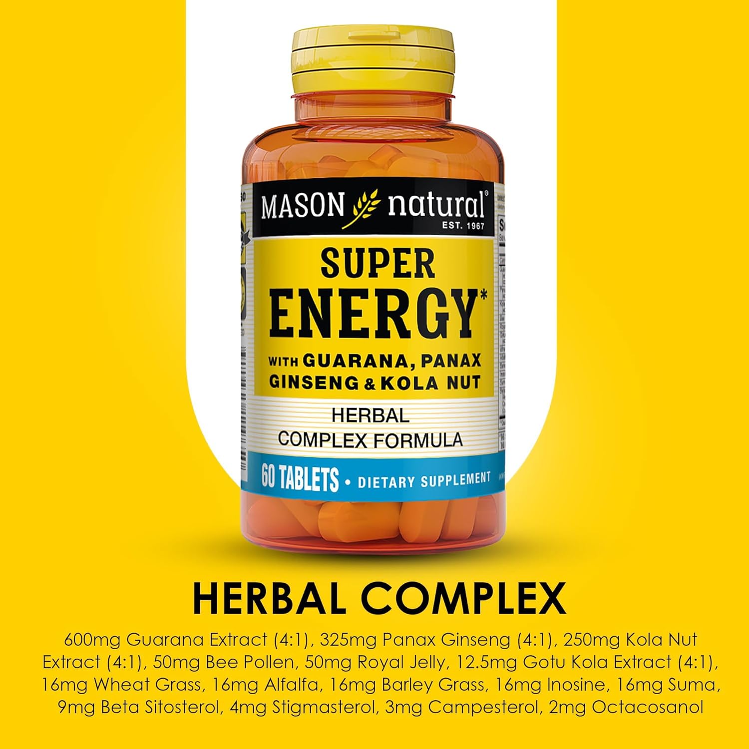 MASON NATURAL Super Energy Supplement with Guarana, Panax Ginseng, Kola Nut - 90 Day Supply, 180 Tablets