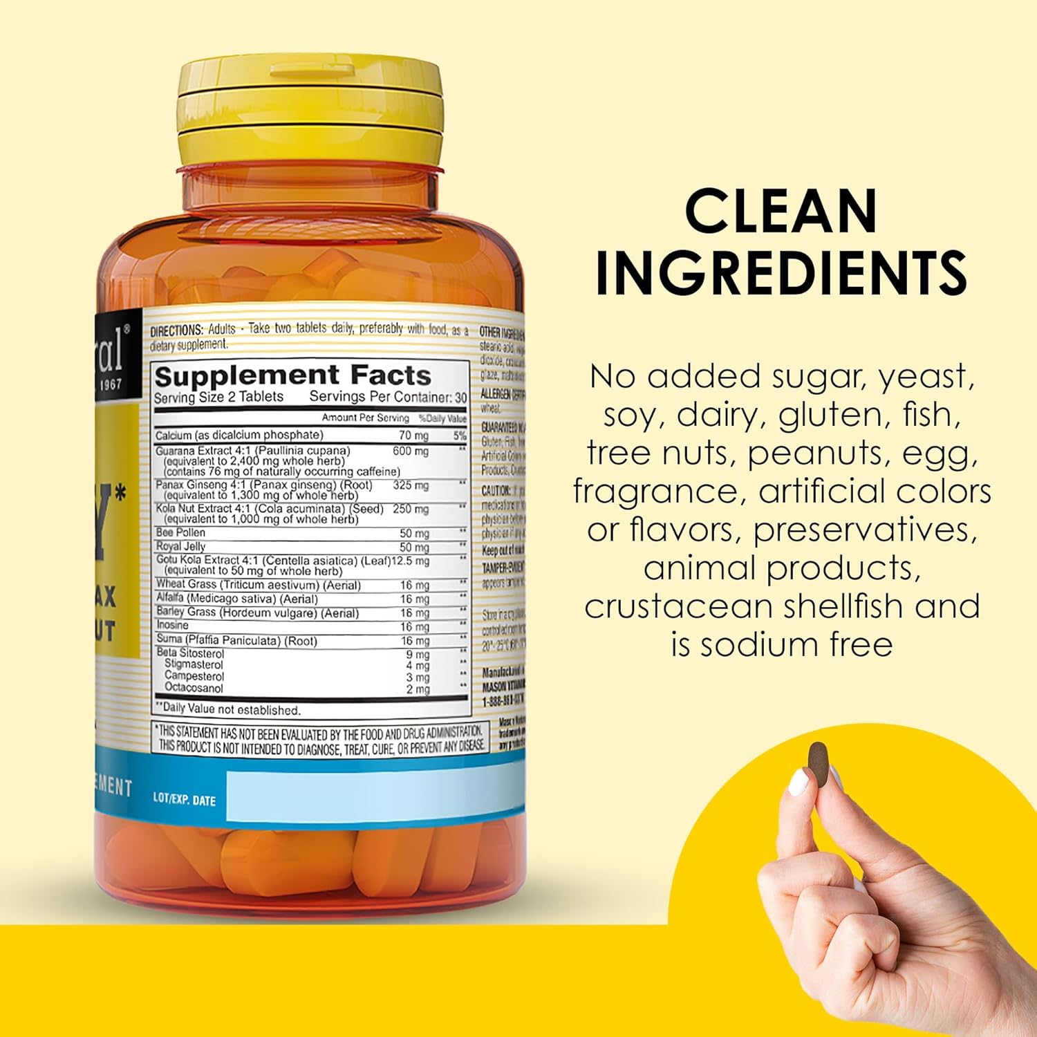 MASON NATURAL Super Energy Supplement with Guarana, Panax Ginseng, Kola Nut - 90 Day Supply, 180 Tablets