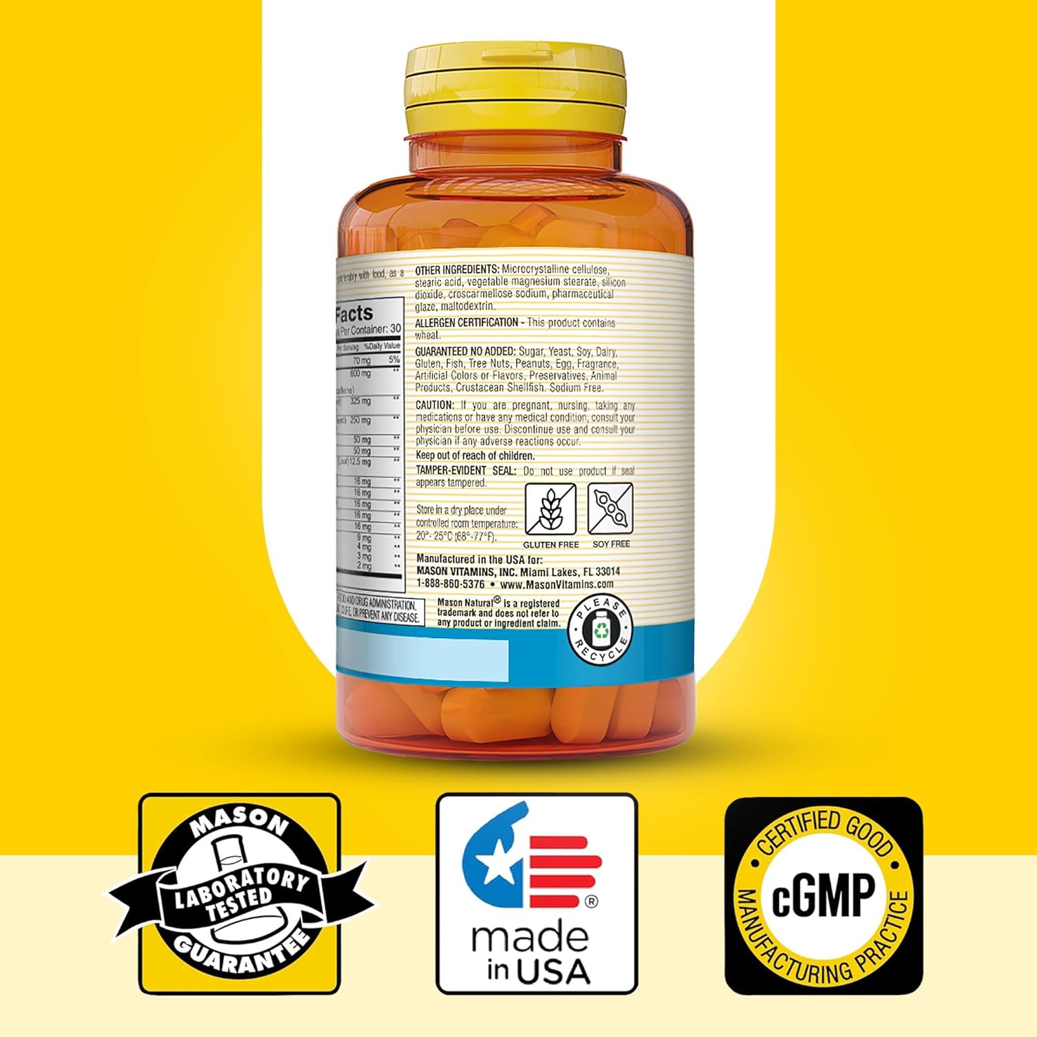 MASON NATURAL Super Energy Supplement with Guarana, Panax Ginseng, Kola Nut - 90 Day Supply, 180 Tablets