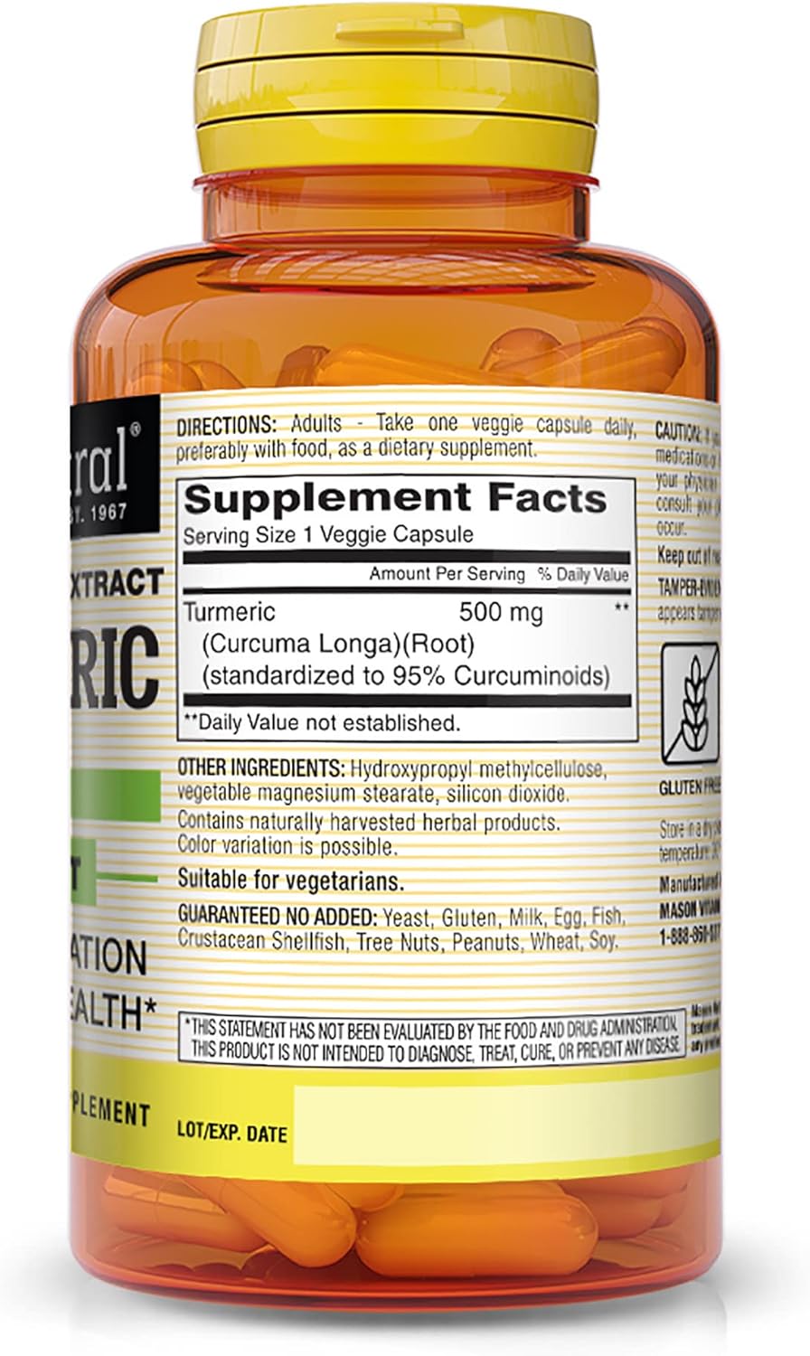 MASON NATURAL Turmeric Capsules - Supports Healthy Inflammation, Joint & Muscle Health - 180 Veggie Capsules