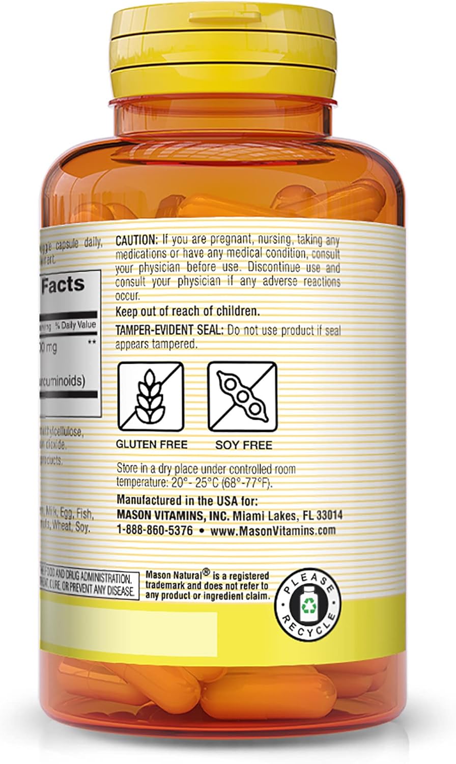 MASON NATURAL Turmeric Capsules - Supports Healthy Inflammation, Joint & Muscle Health - 180 Veggie Capsules