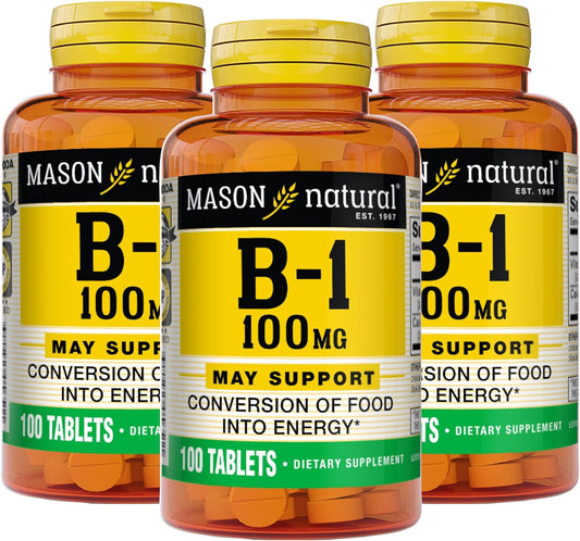MASON NATURAL Vitamin B1 100 mg Tablets Bundle - Supports Energy Conversion, Nerve, and Immune Health - Pack of 300 Tablets
