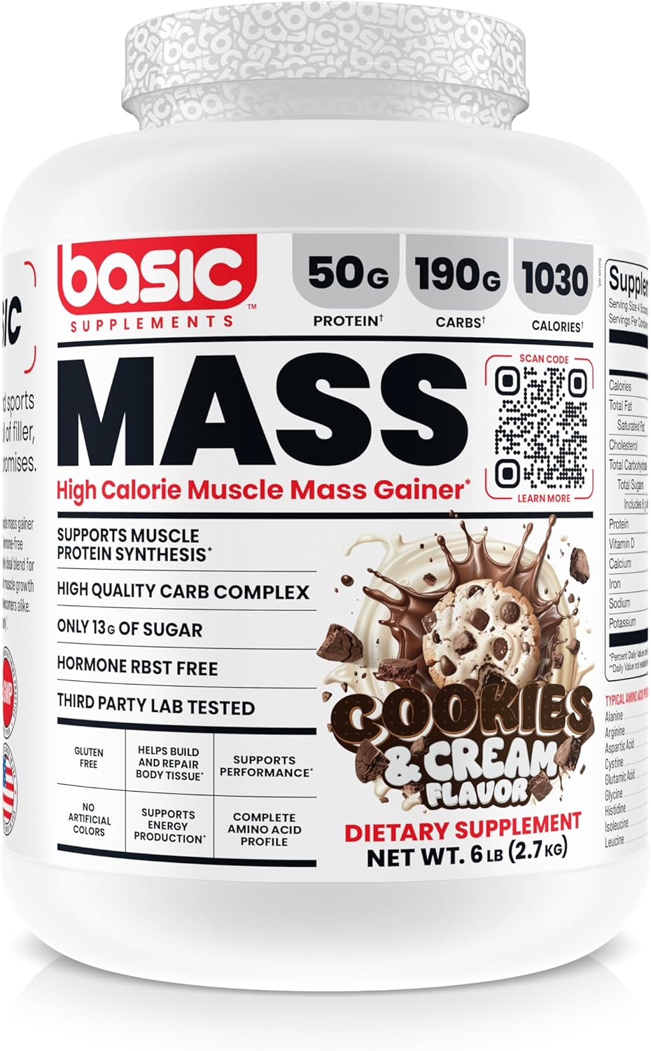 Mass Gainer Protein Powder for Muscle Growth & Recovery, 50g Protein, 190g Carbs, 1030 Calories, Gluten-Free, No Artificial Colors - Cookies and Cream, 6 lb