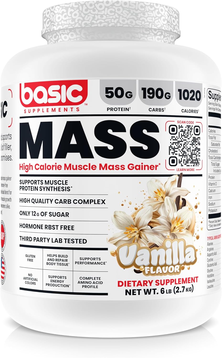 Mass Gainer Protein Powder for Muscle Growth & Recovery, 50g Protein, 190g Carbs, 1030 Calories - Gluten-Free, RBST-Free - Vanilla Flavor - 6 Pound