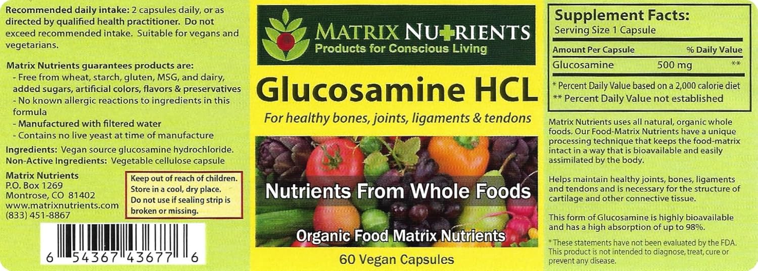 Matrix Nutrients Glucosamine HCL Capsules - Vegan Cartilage Builder for Healthy Joints, Bones, Ligaments & Tendons - 98% Absorption Rate - 60 Count